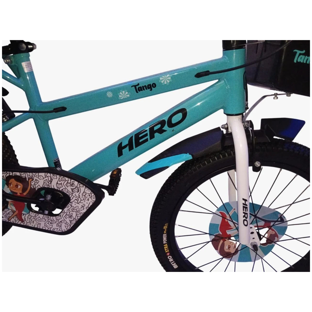 Hero tango teal bicycle frame with front wheel and chain cover