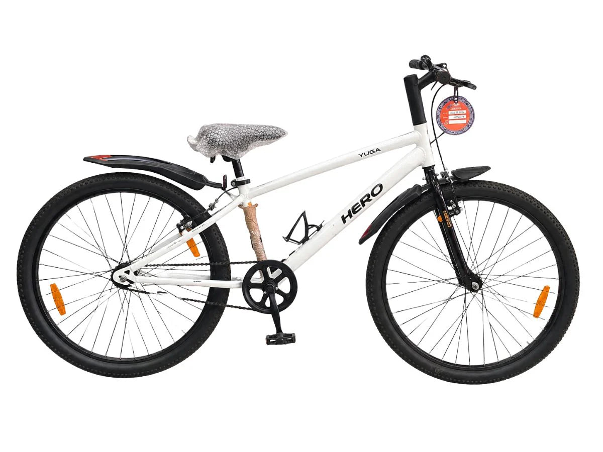 Hero Yuga Sports Cycle White Side View with Steel Frame and Comfortable Saddle