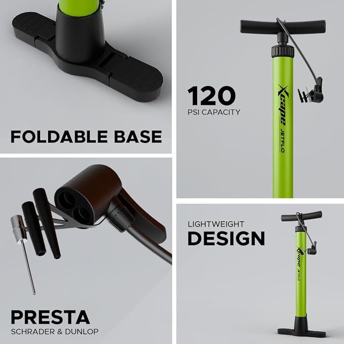 JetFlo foldable bicycle floor pump with 120 PSI pressure capacity and presta support