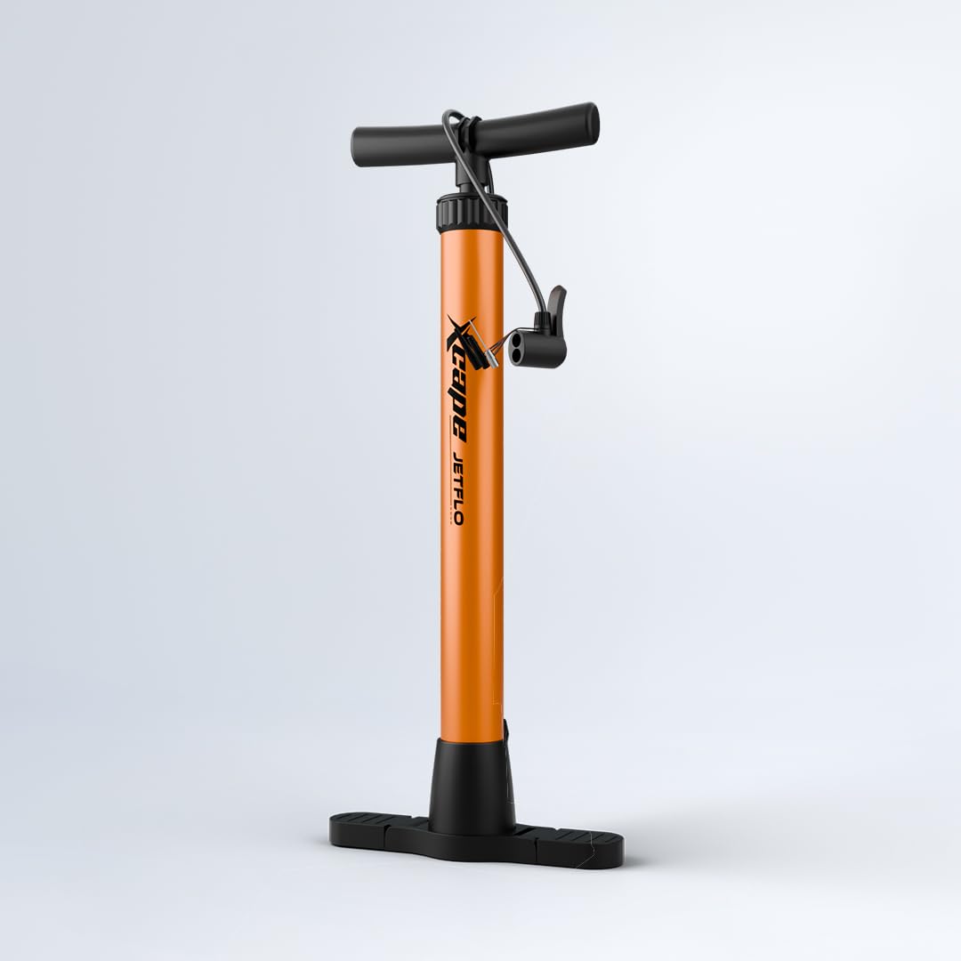 JetFlo orange high pressure bicycle floor pump with foldable base and pressure gauge