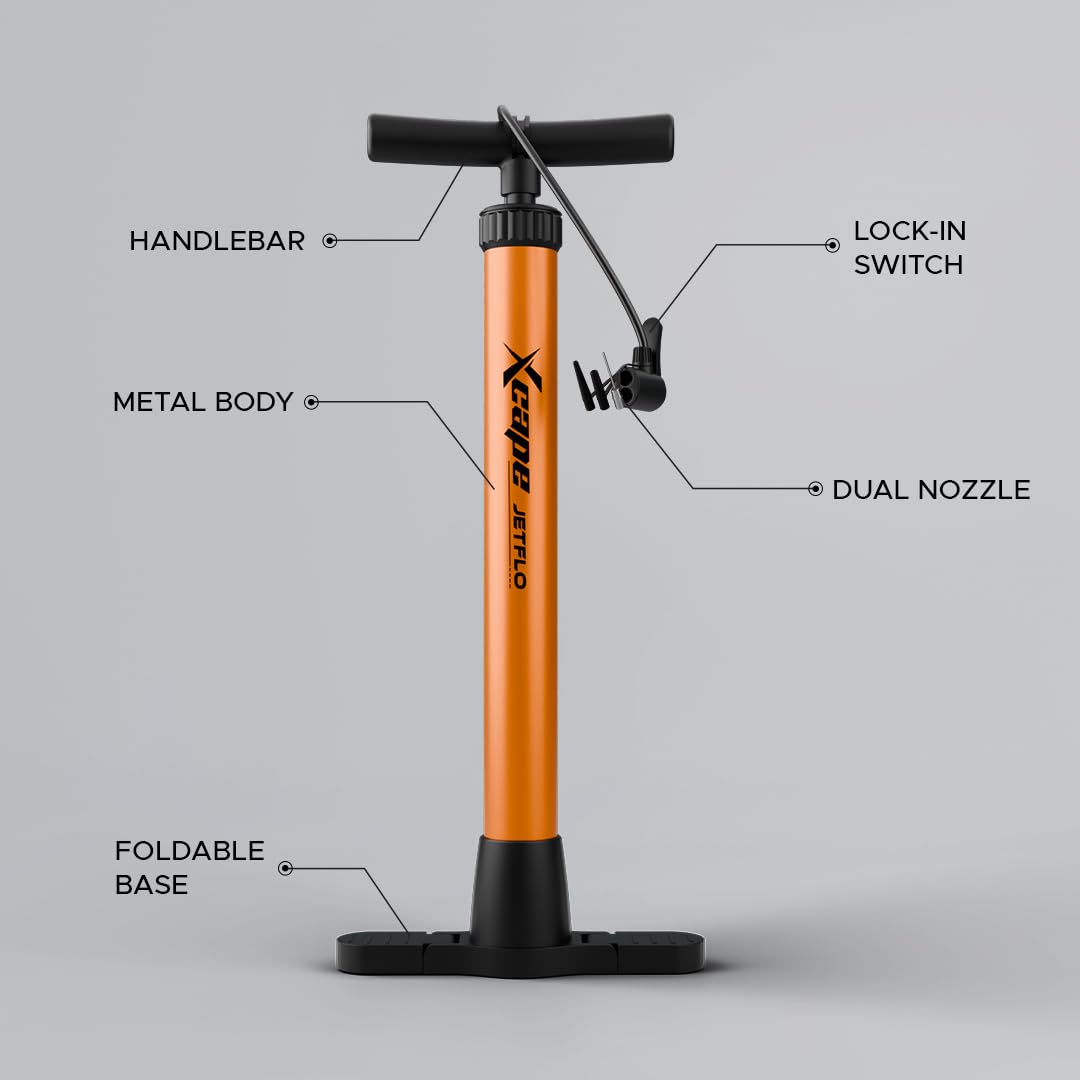 JetFlo bicycle air pump showing metal body dual nozzle and foldable base