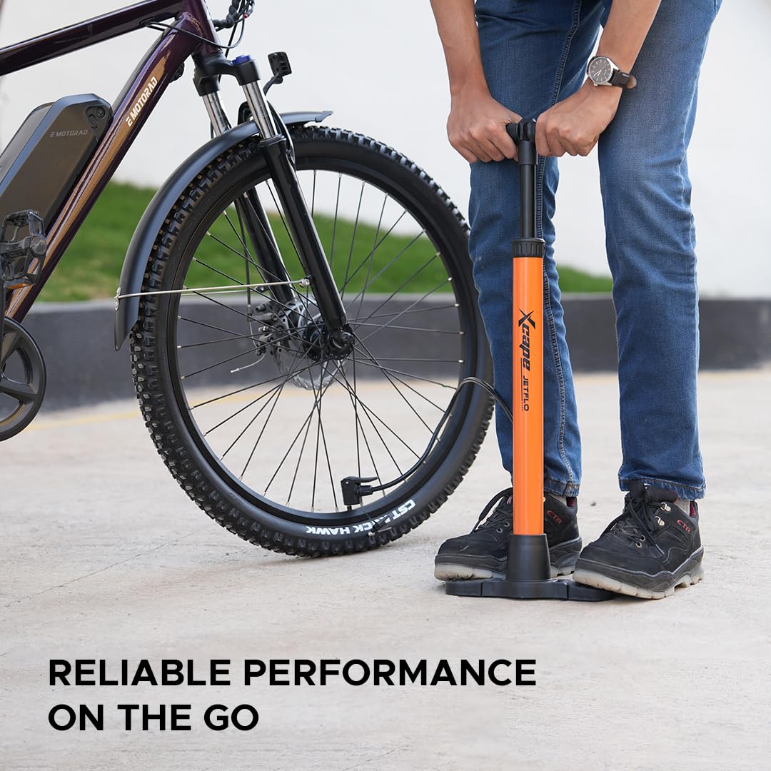 JetFlo portable bicycle floor pump inflating MTB cycle tyre outdoors