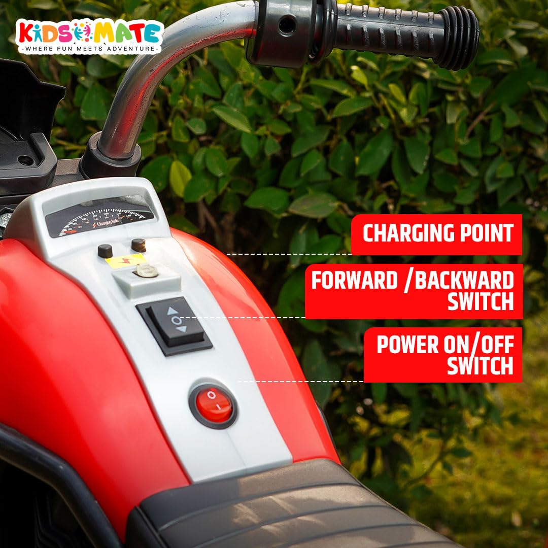 Kids Mate electric ride-on bike dashboard showing charging point, forward/backward switch, and power on/off button for easy operation.