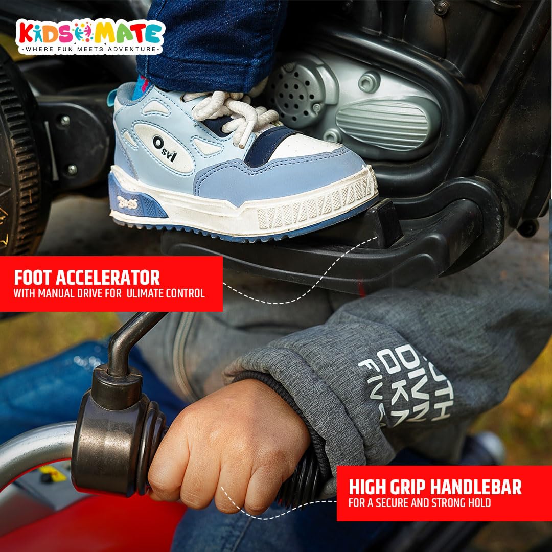 Close-up of Kids Mate electric ride-on bike showing foot accelerator pedal and high-grip handlebar for kids' safe control and fun riding experience.
