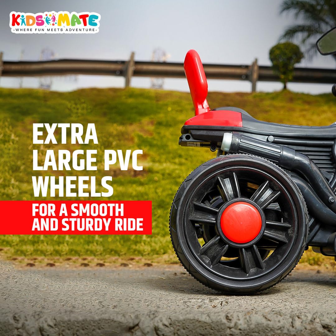 Close-up of Kids Mate electric ride-on bike featuring extra-large PVC wheels for a smooth, sturdy, and stable ride for kids.