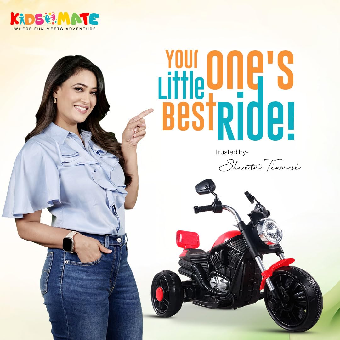 Actress Shweta Tiwari endorsing Kids Mate electric ride-on bike for kids with the tagline “Your little one’s best ride.”