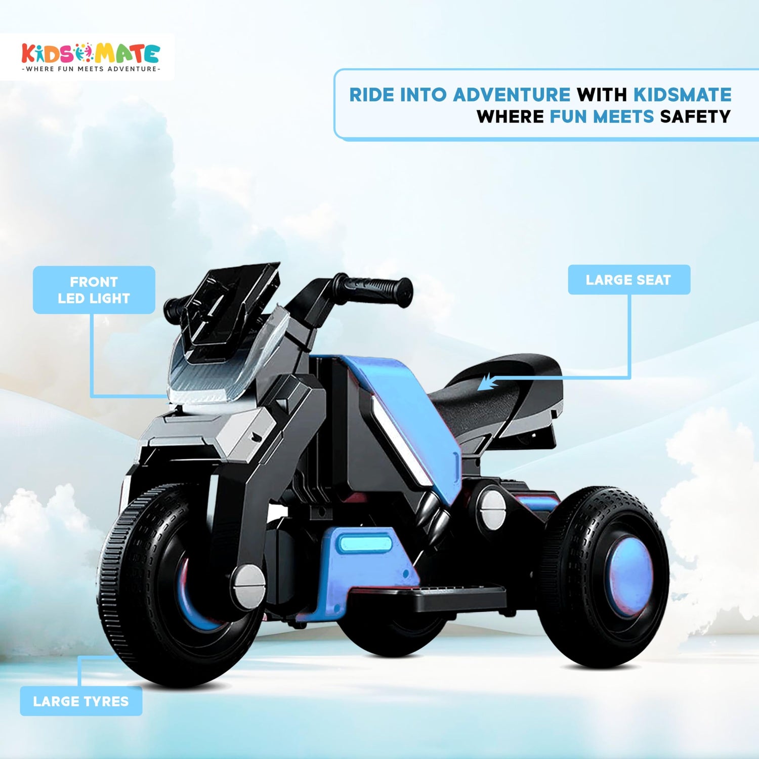 Kidsmate Hyrider 6V electric baby bike featuring front LED light, large seat, and big tyres — where fun meets safety.