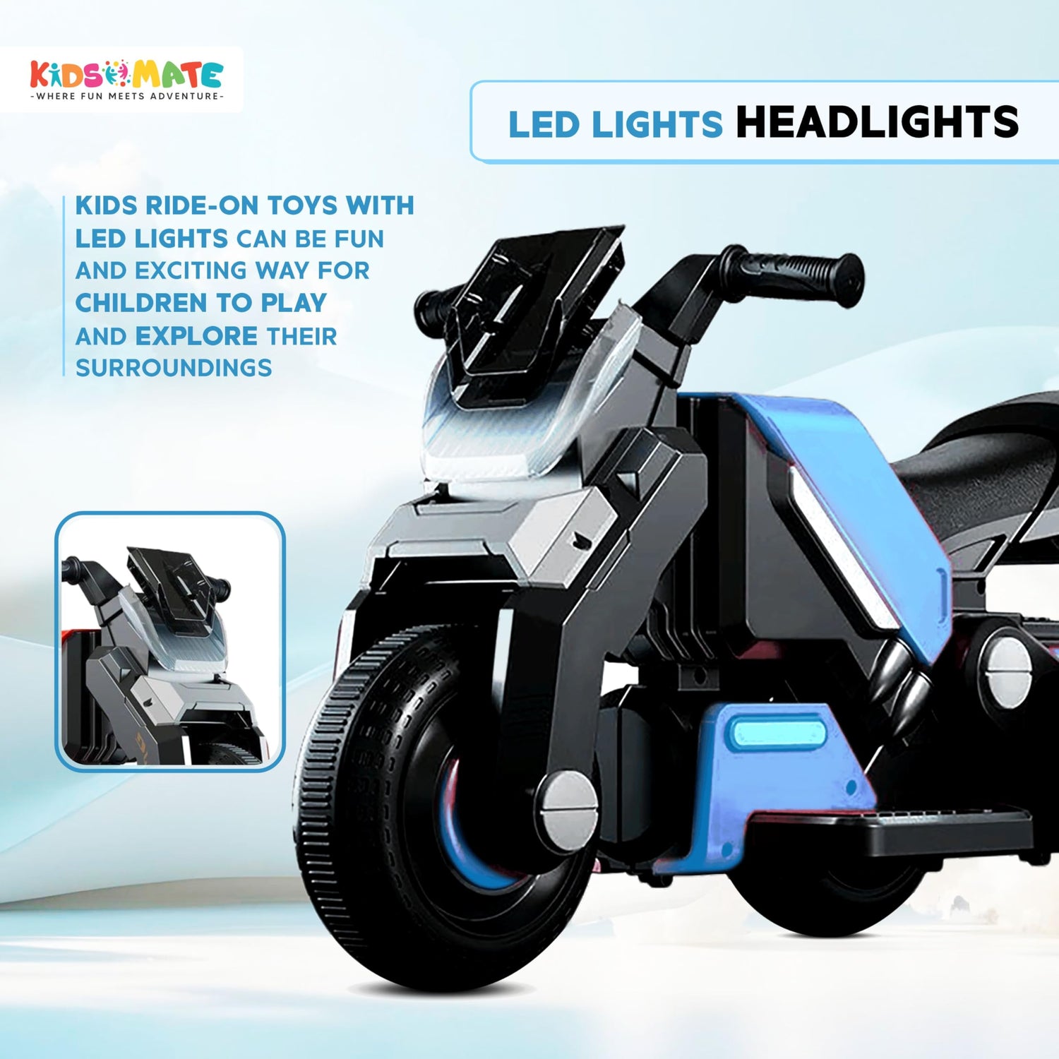 Kidsmate Hyrider 6V electric kids bike with bright LED headlights — fun ride-on toy that helps children play and explore safely with illuminated design.