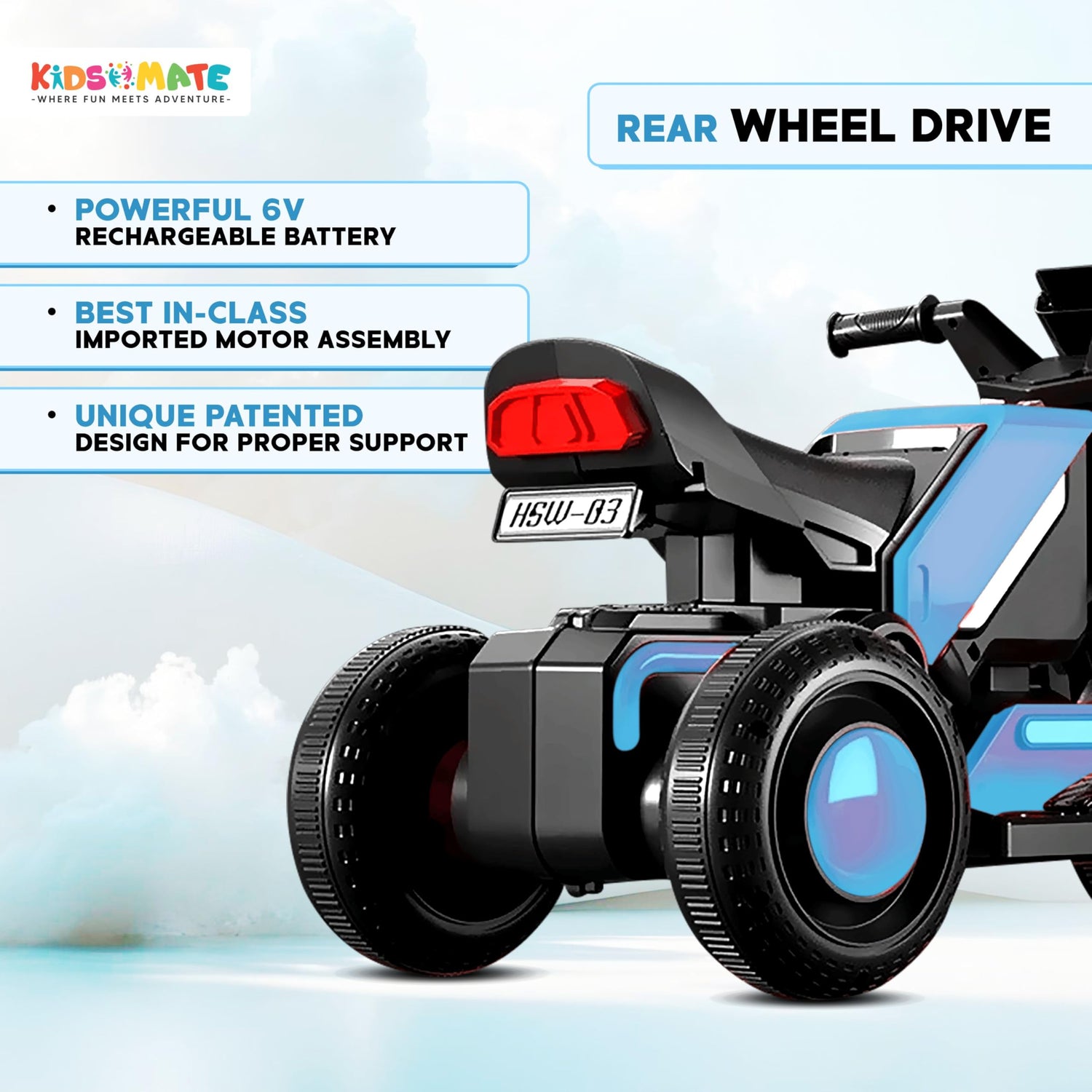 Kidsmate Hyrider 6V electric ride-on bike rear wheel drive — powerful rechargeable battery, imported motor, and patented design for stable performance.