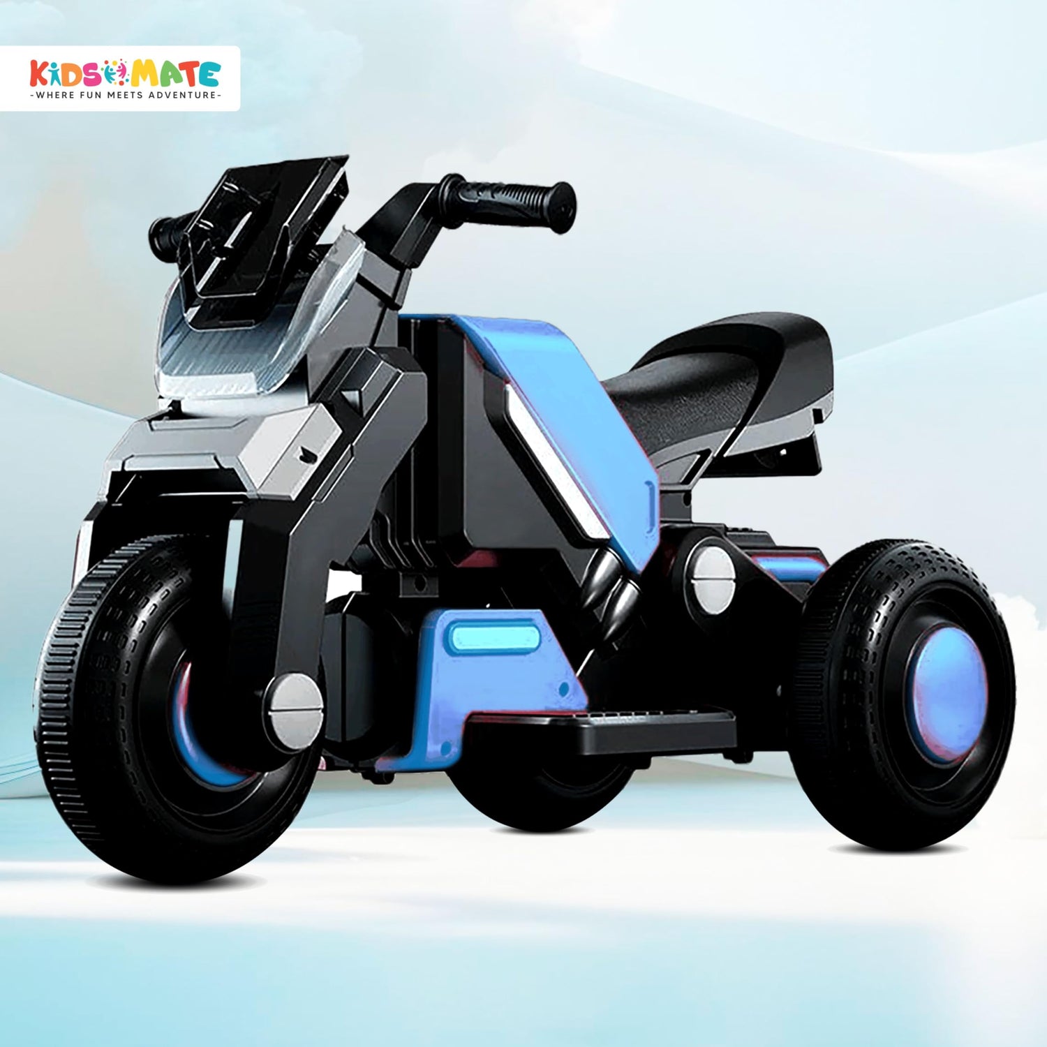 Kidsmate Hyrider 6V electric kids bike in blue and black color, featuring LED wheels, sporty design, and sturdy ride-on build for toddlers.