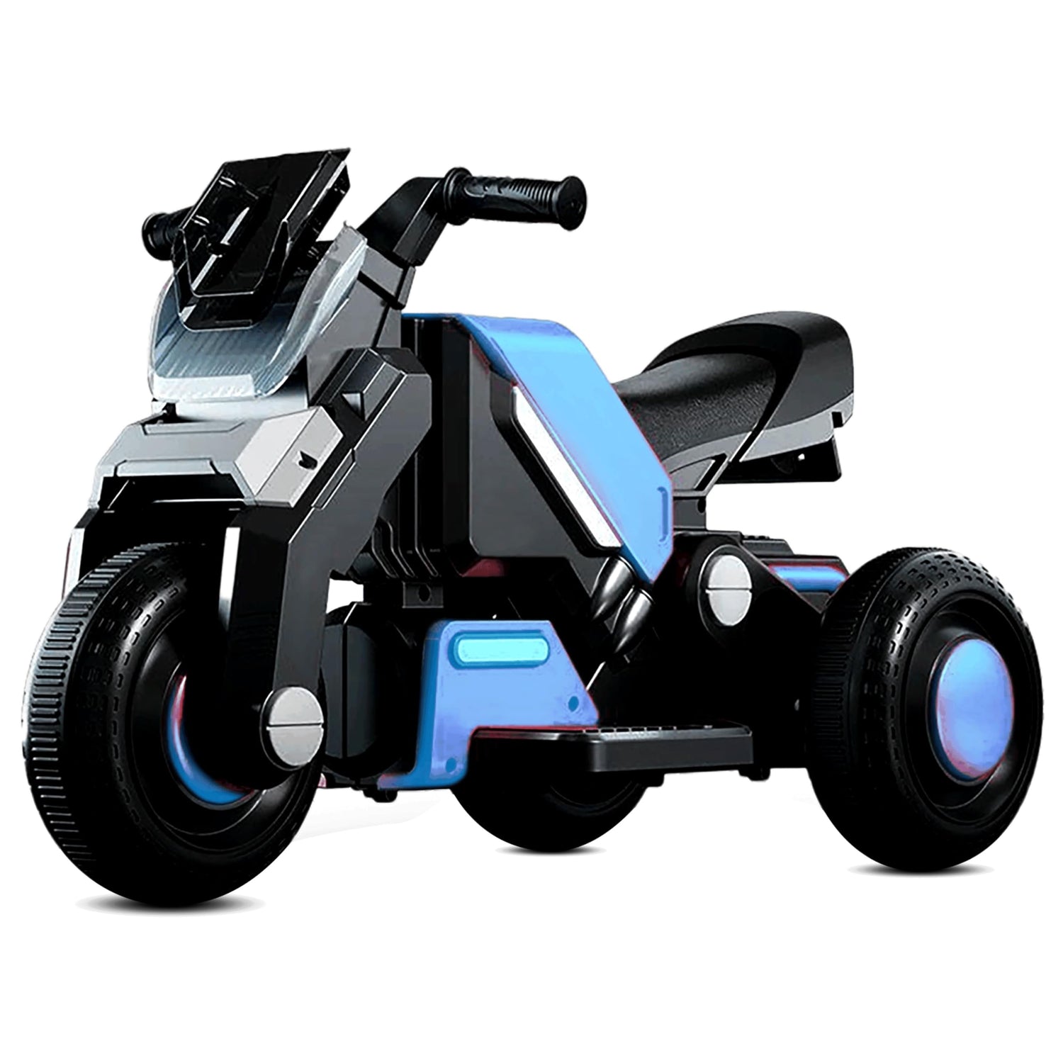 Kidsmate Hyrider 6V electric kids bike in blue and black color, featuring LED wheels, sporty design, and sturdy ride-on build for toddlers.