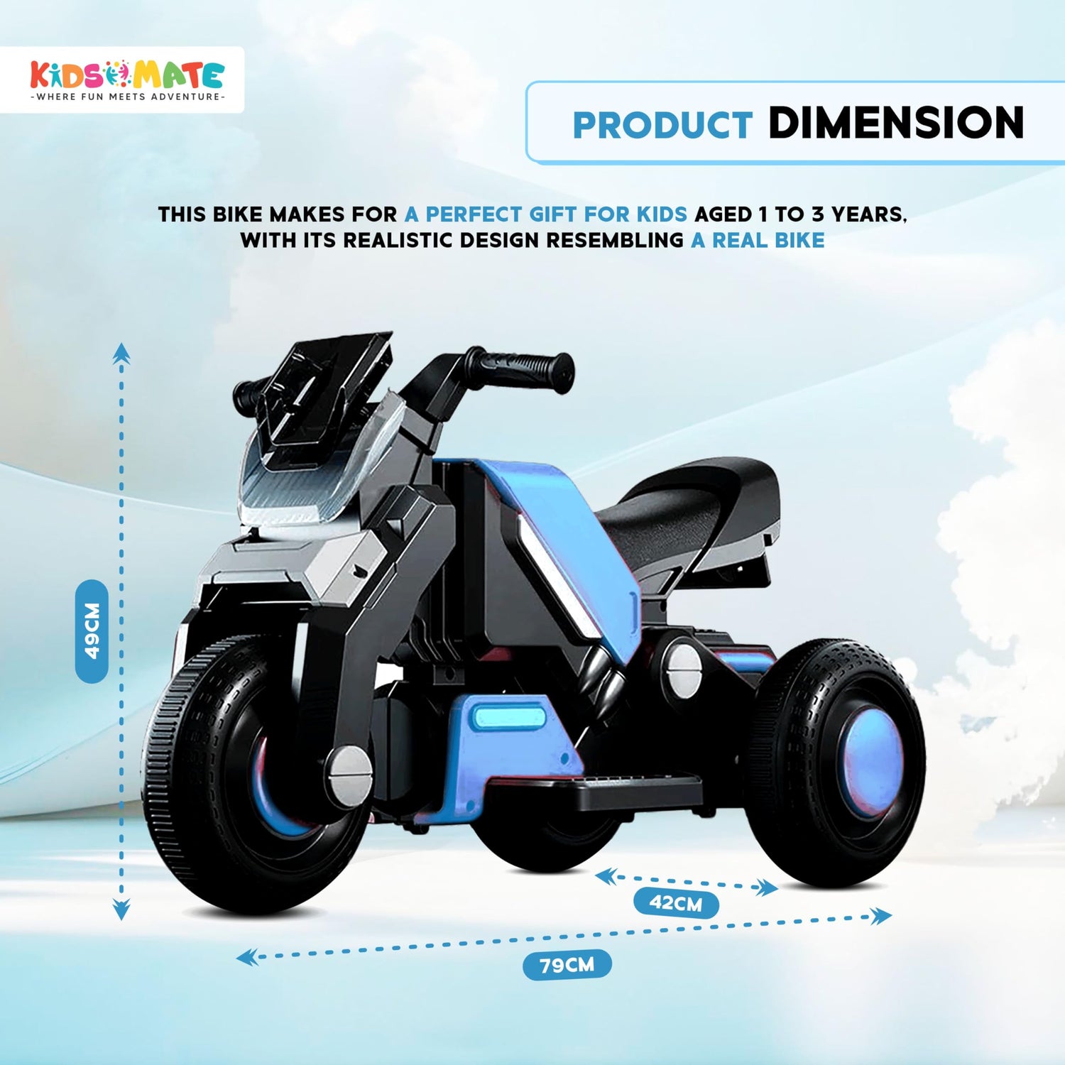 Kidsmate Hyrider 6V electric kids bike with product dimensions 79cm length, 42cm width, and 49cm height — perfect gift for kids aged 1 to 3 years with a realistic motorbike design.