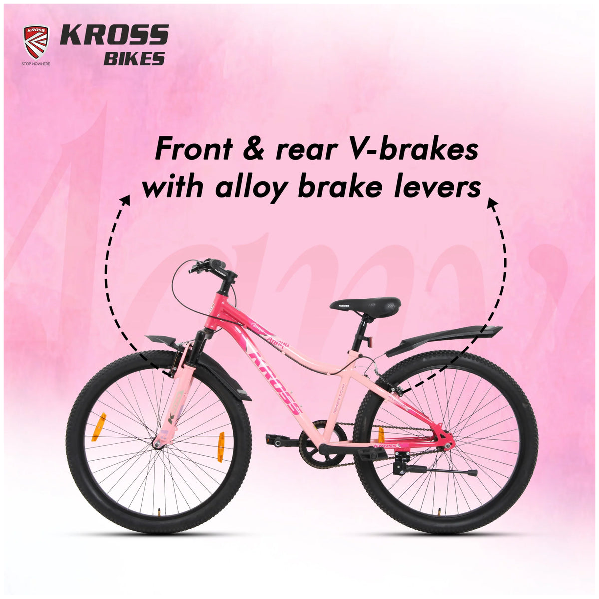 Kross Aanya 26T Pink MTB cycle with front and rear V-brakes and alloy brake levers