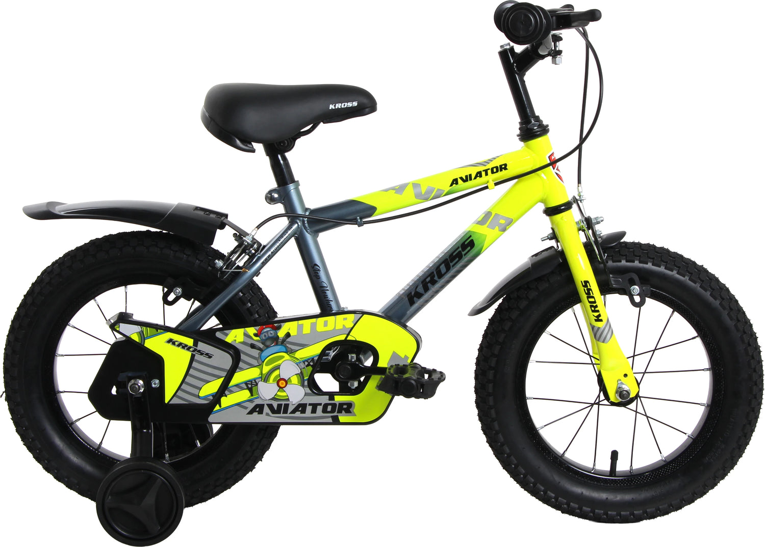 Kross Aviator Kids Cycle Green Grey with Training Wheels Side View