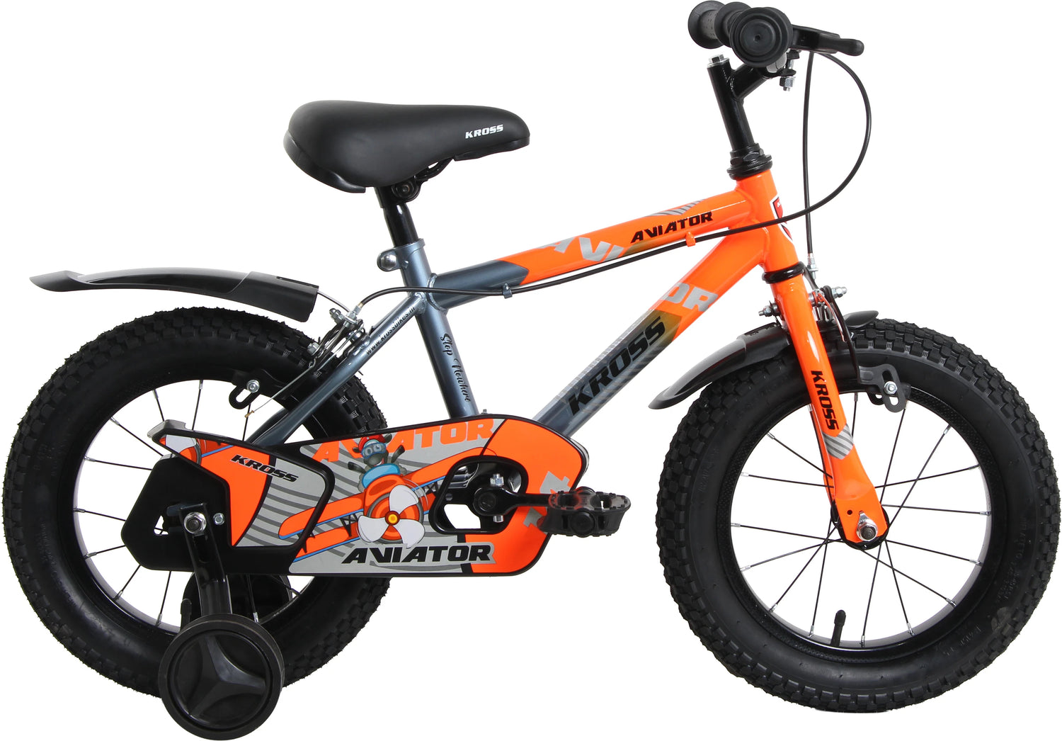 Kross Aviator Kids Bicycle Orange Grey Side Profile with Training Wheels