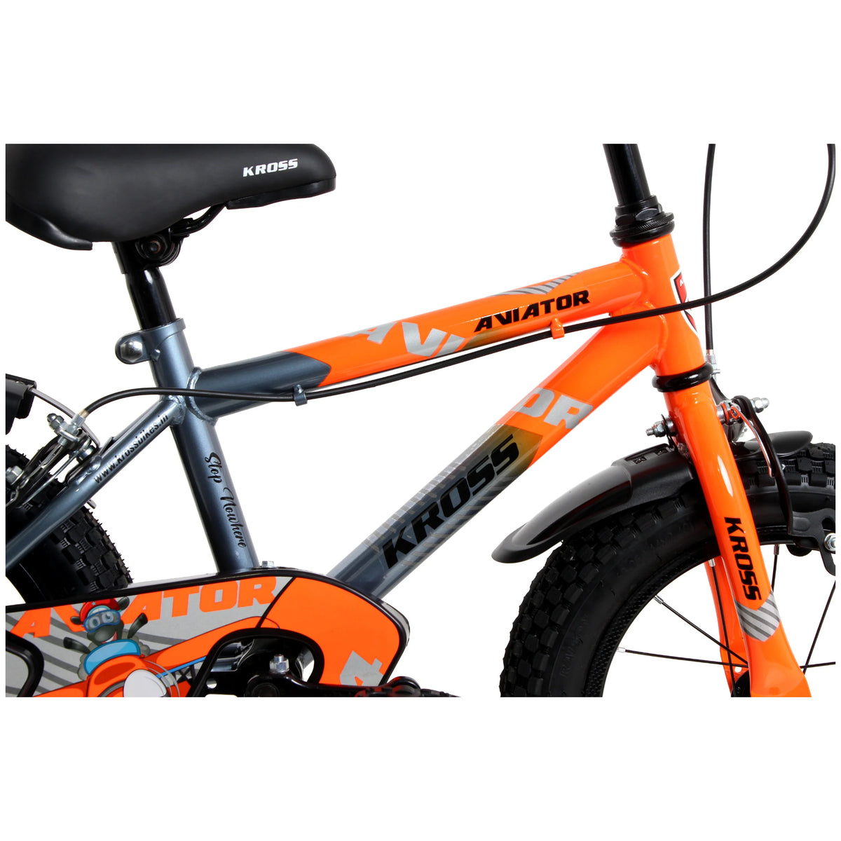 Kross Aviator orange frame with bicycle graphics and front wheel