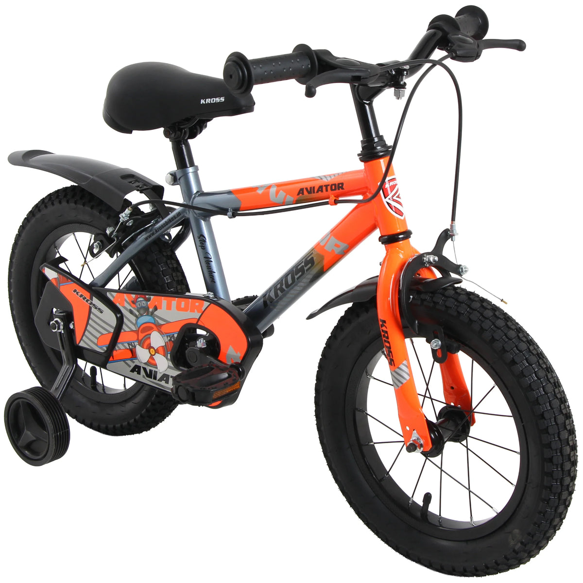 Kross Aviator orange kids bicycle with side wheels and chain cover