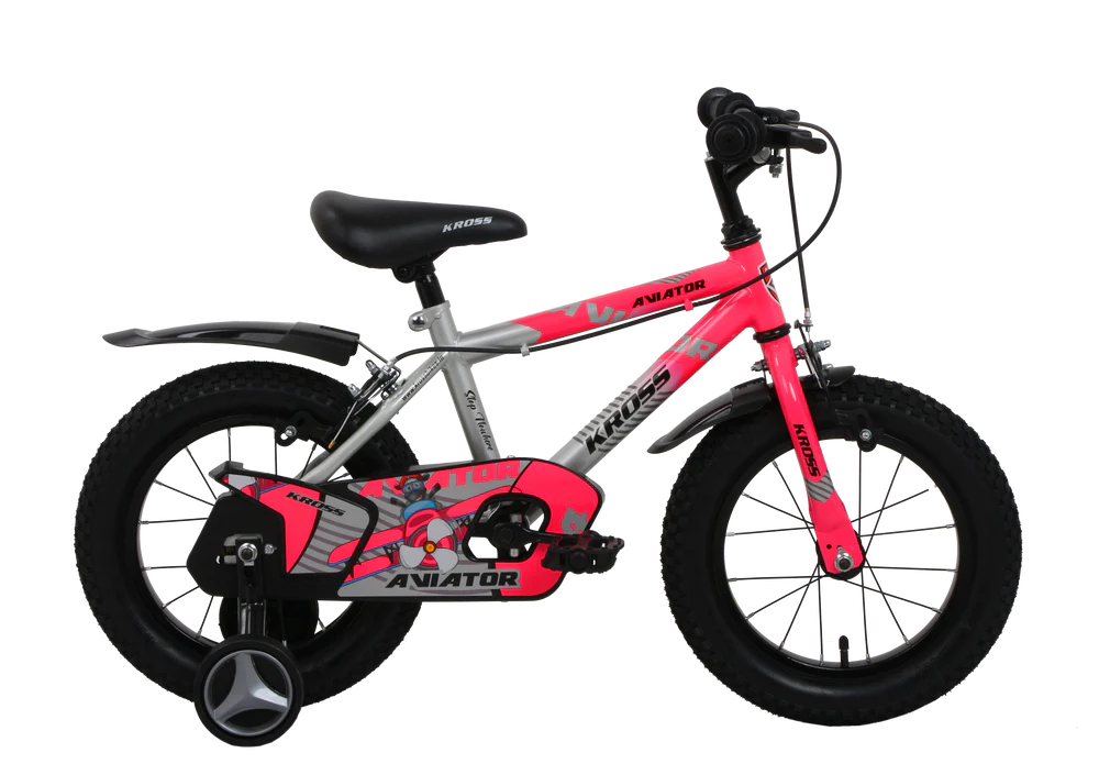 Kross Aviator Girls Kids Bicycle Pink Grey Side Profile with Training Wheels