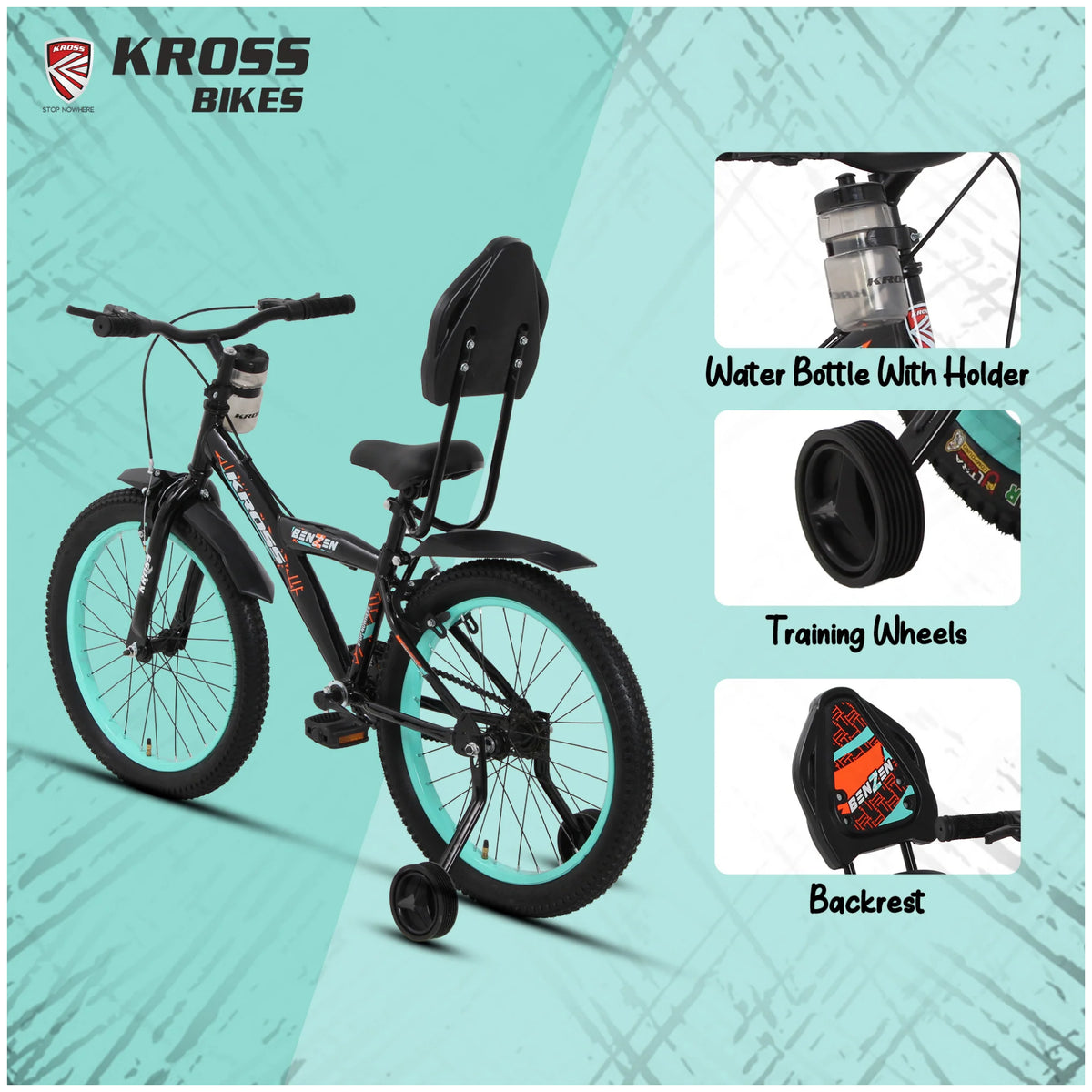 Kross Benzen 20T black kids cycle training wheels backrest and water bottle holder