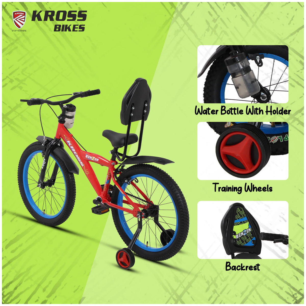 Kross Benzen 20T red kids cycle side wheels backrest and water bottle holder