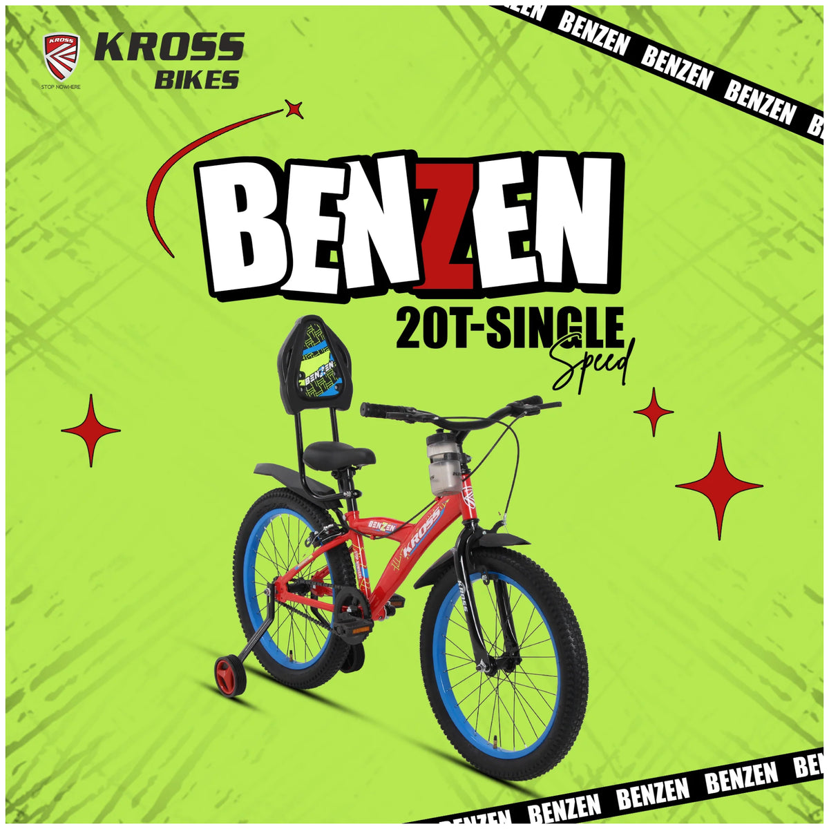 Kross Benzen 20T red single speed kids cycle with side wheels