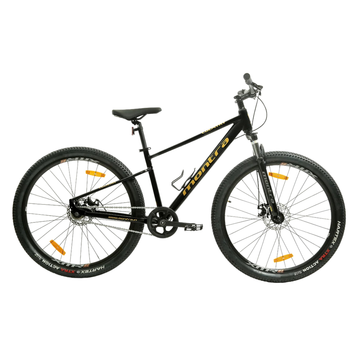 Kross black MTB cycle side view with front suspension and disc brakes