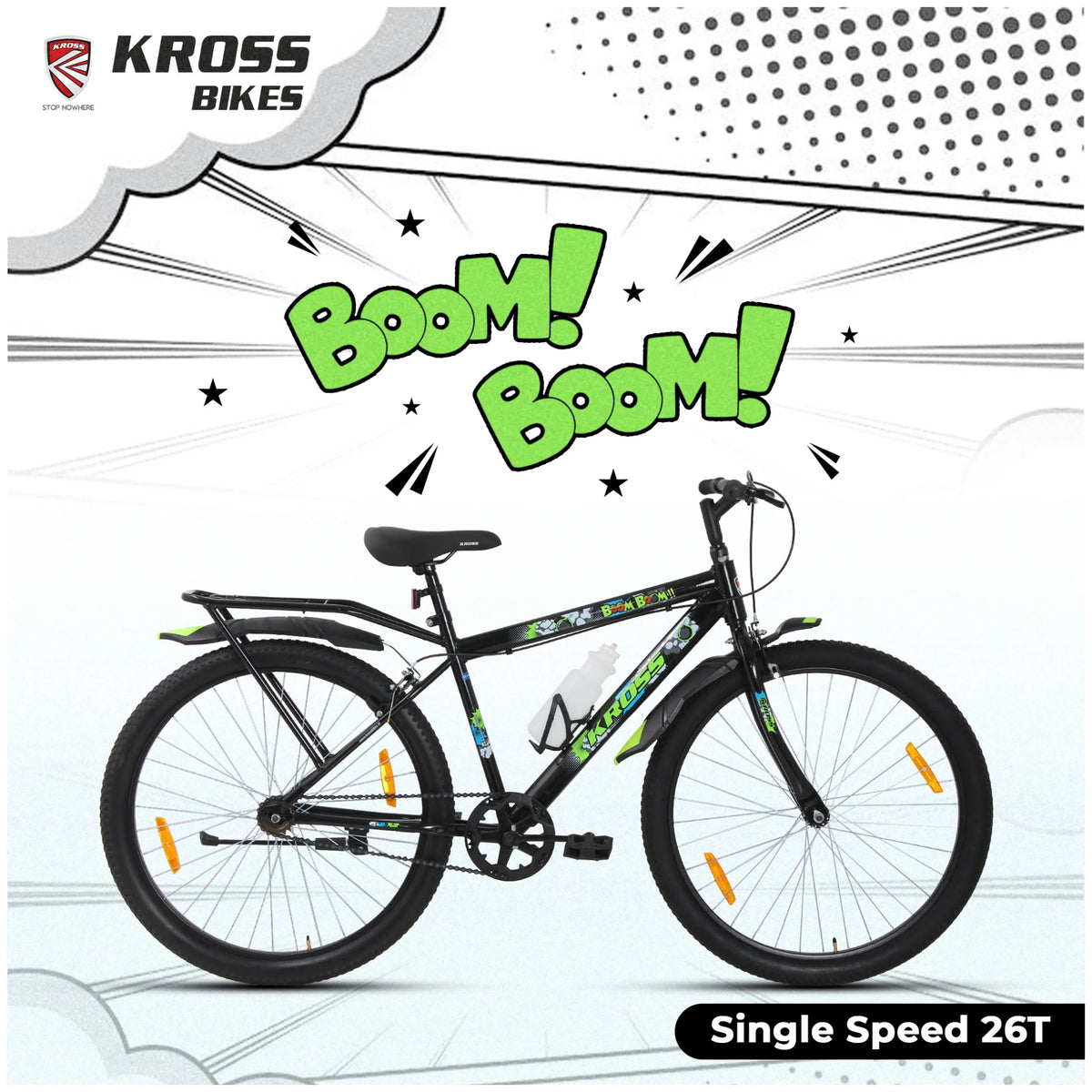 Kross Boom Boom 26T Black mountain cycle with inbuilt carrier and single speed drivetrain
