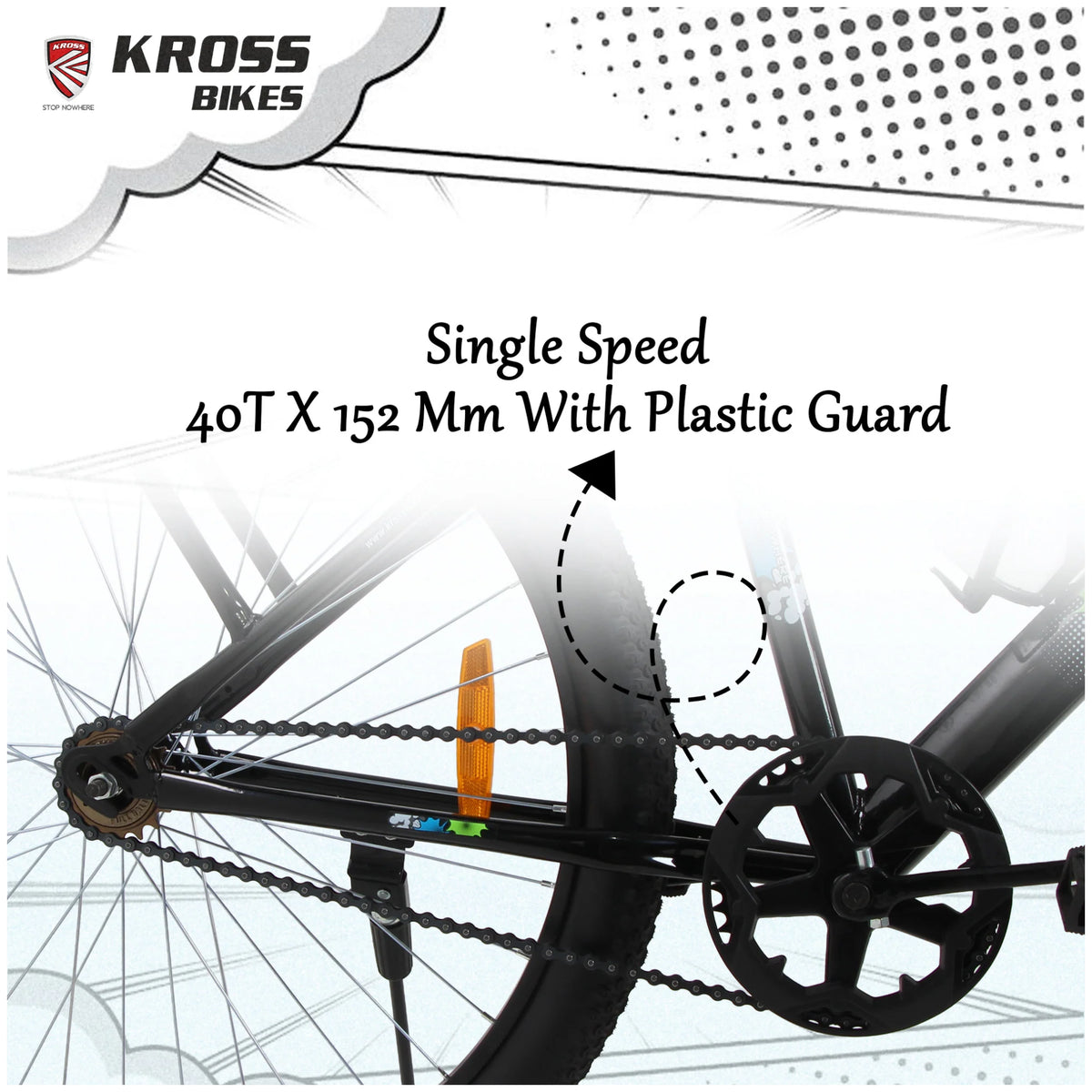 Kross Boom Boom 26T Black single speed cycle with 40T x 152 mm chainwheel and plastic guard