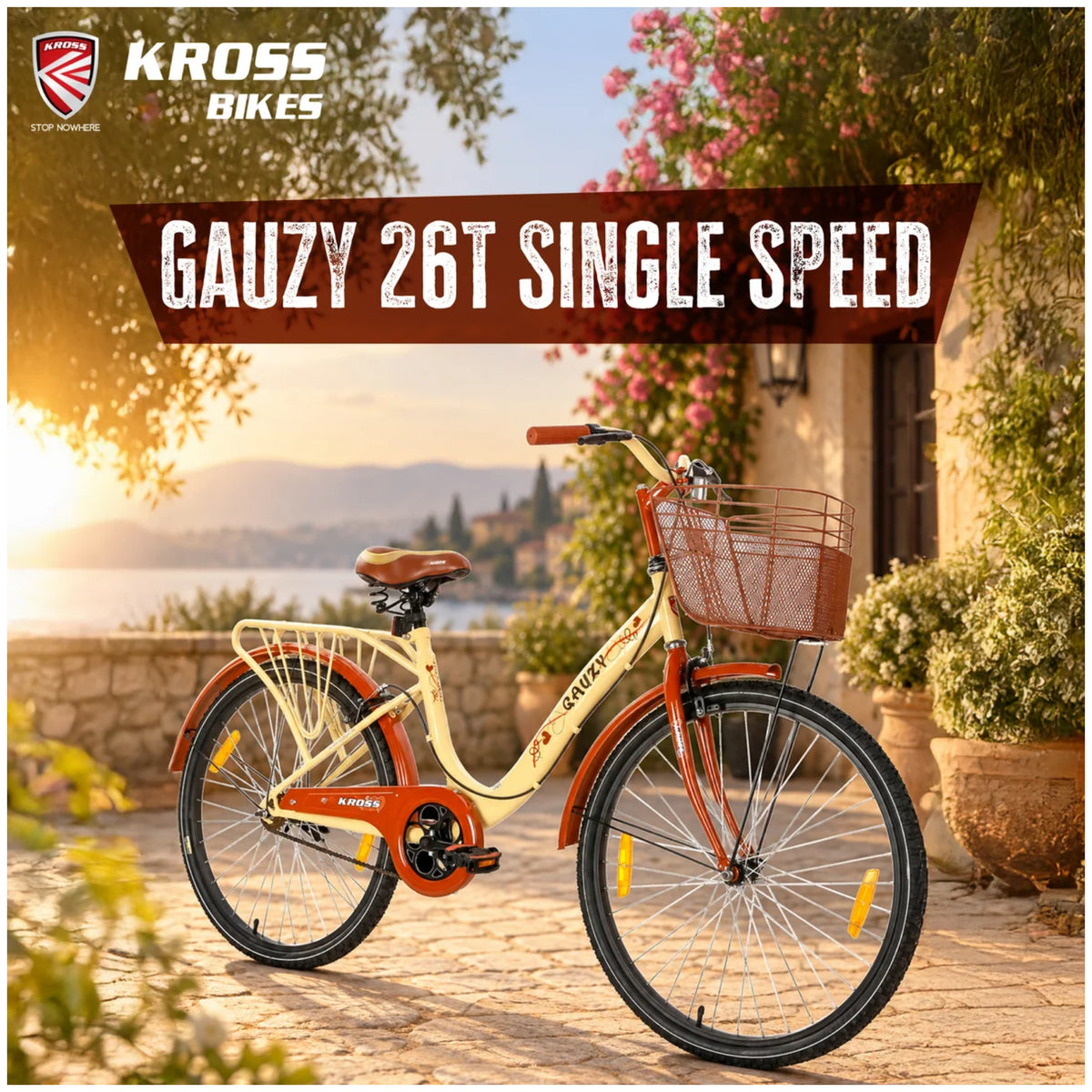 Kross Gauzy 26T single speed ladies cycle in Cream Brown with front basket