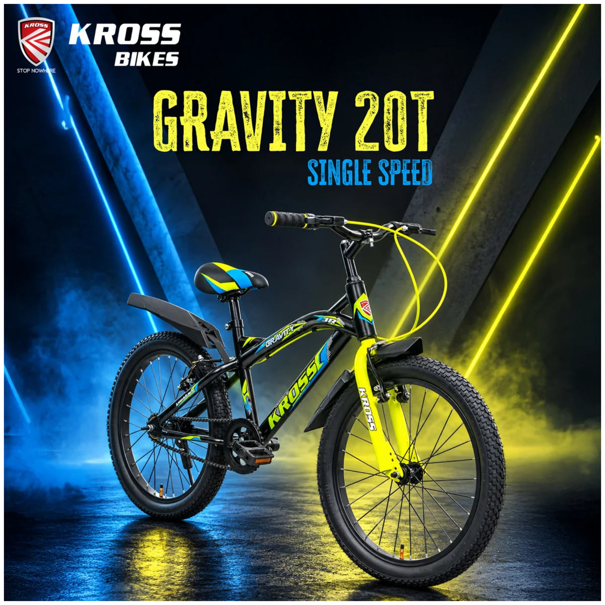 Kross Gravity 20T single speed kids cycle in black and neon yellow