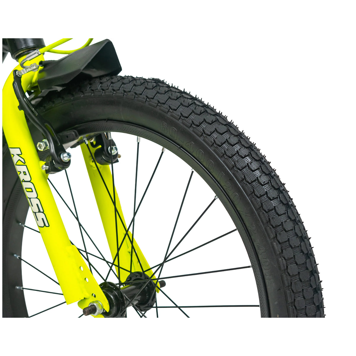 Kross Gravity 20T kids cycle tyre and front wheel detail