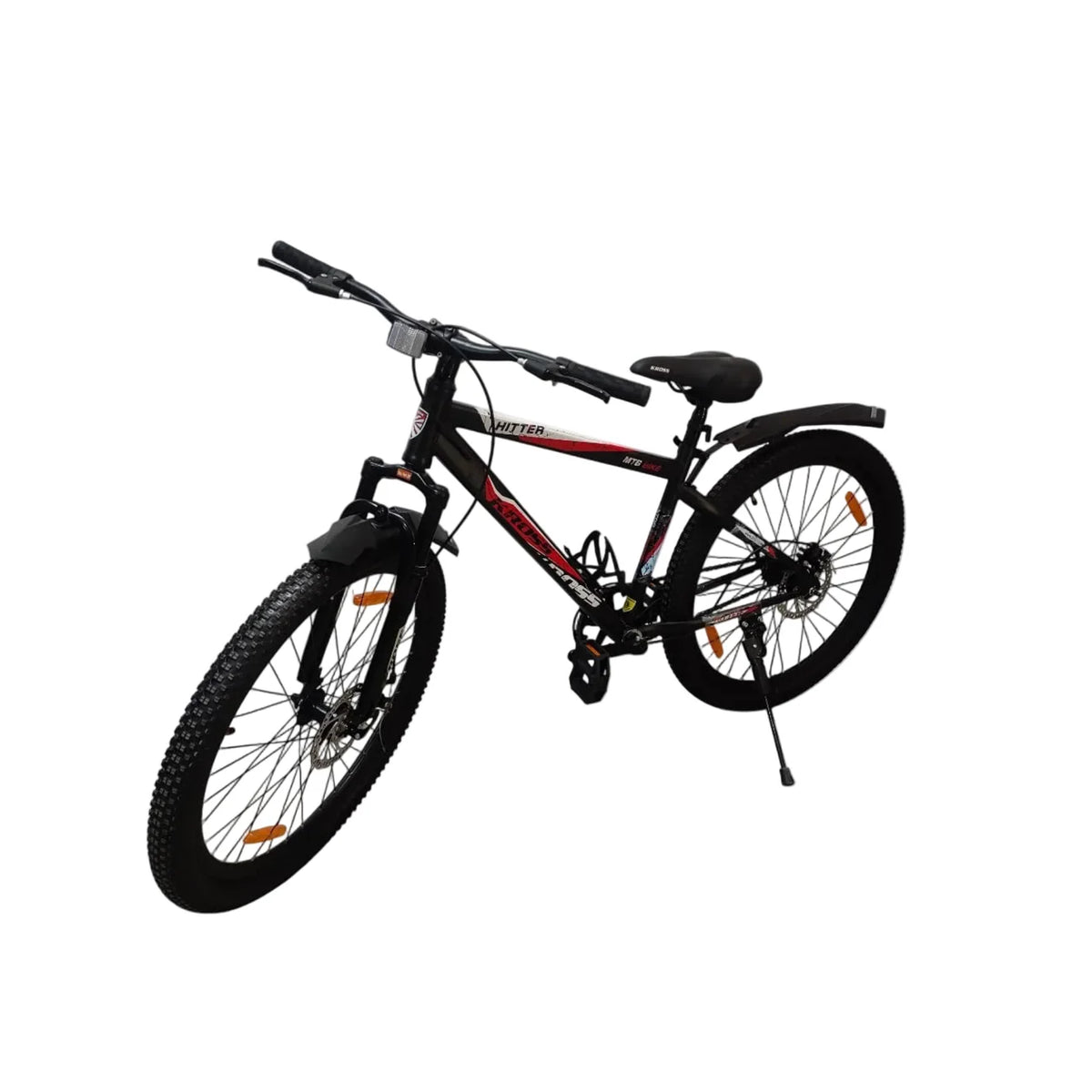 Kross Hitter 26T black red MTB bicycle side view with kickstand