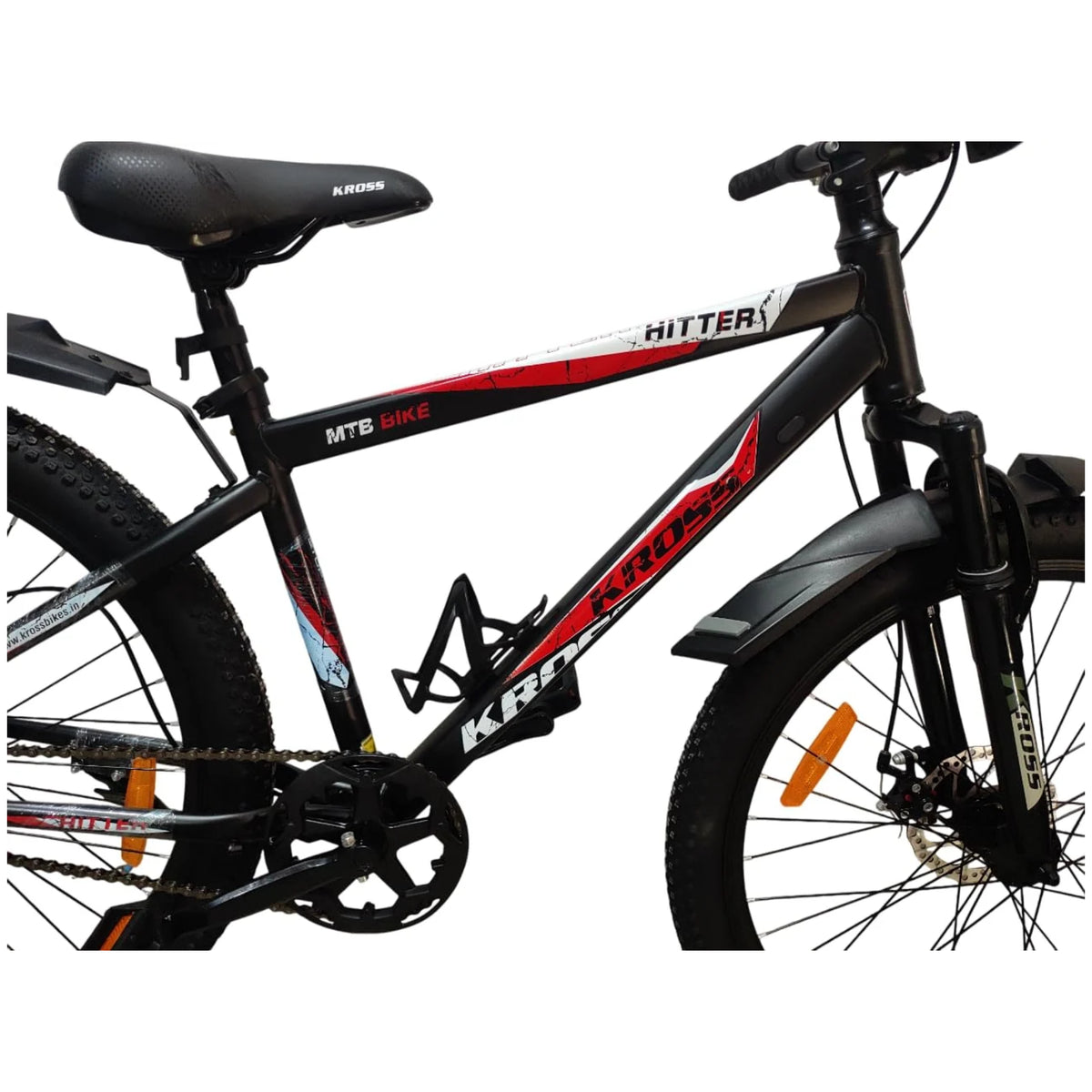 Kross Hitter 26T front fork and disc brake detail on black red MTB cycle