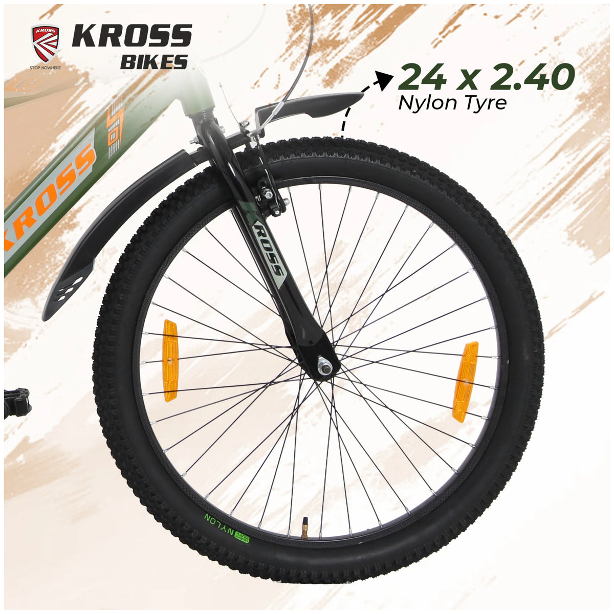 Kross K 2.0 24T army green bicycle with 24 x 2.40 nylon tyre