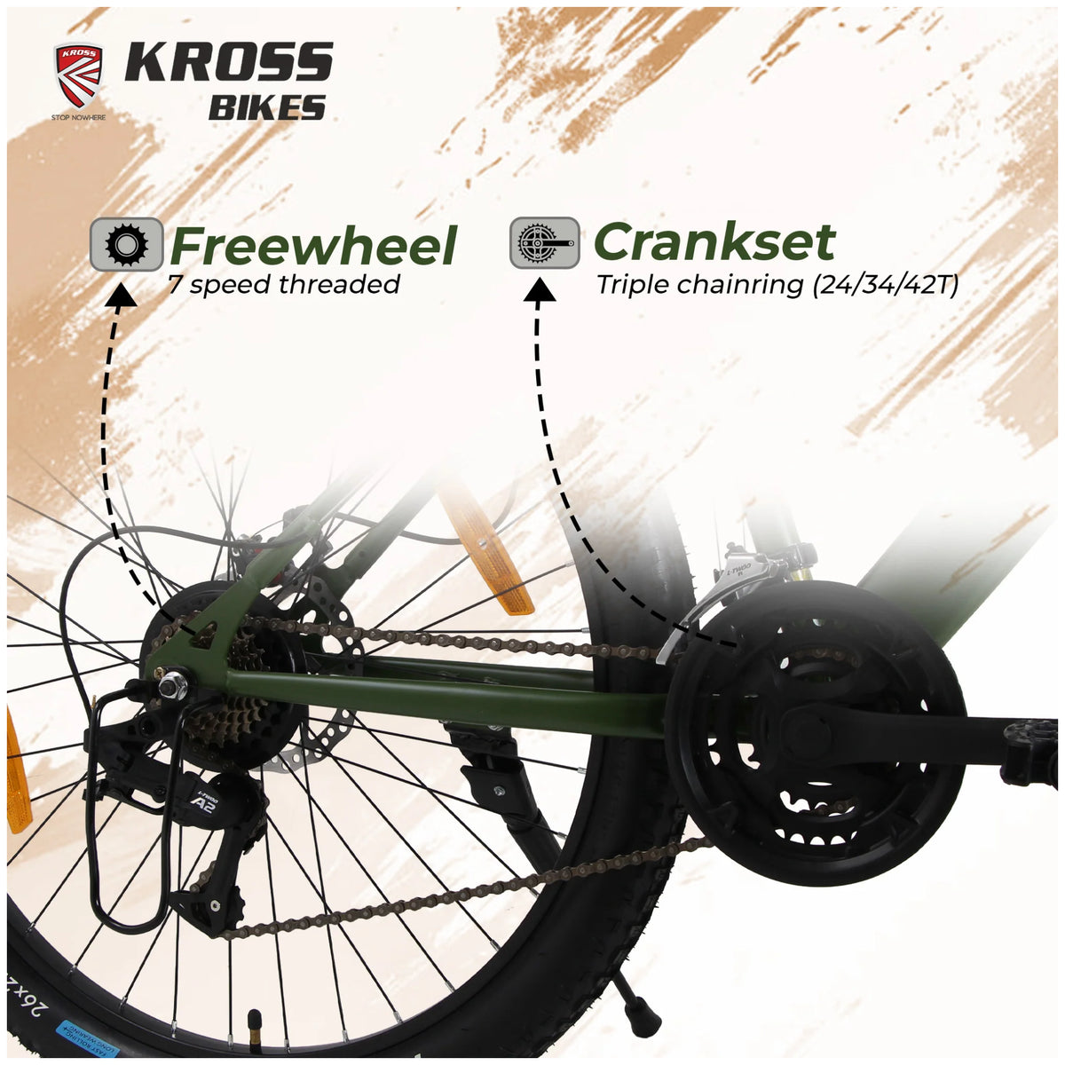 Kross K-20 Marbal MTB bicycle freewheel and triple chainring crankset