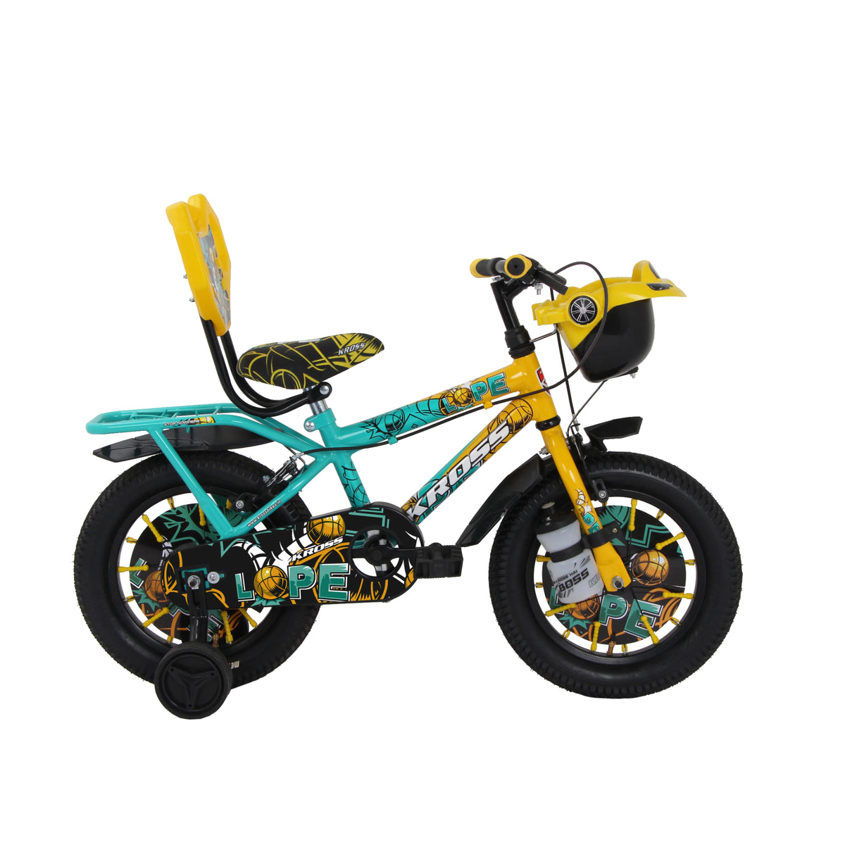 Kross Lope 16T Green Yellow kids cycle with side wheels, basket and carrier