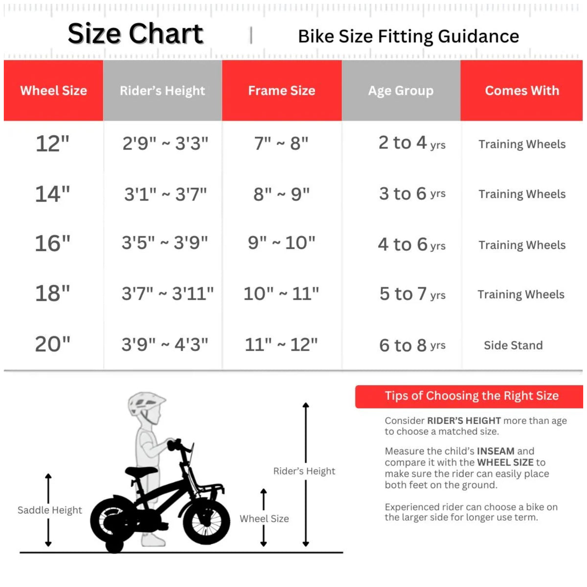 Kross kids cycle size chart showing 12T, 14T, 16T, 18T and 20T wheel sizes with rider height guidance
