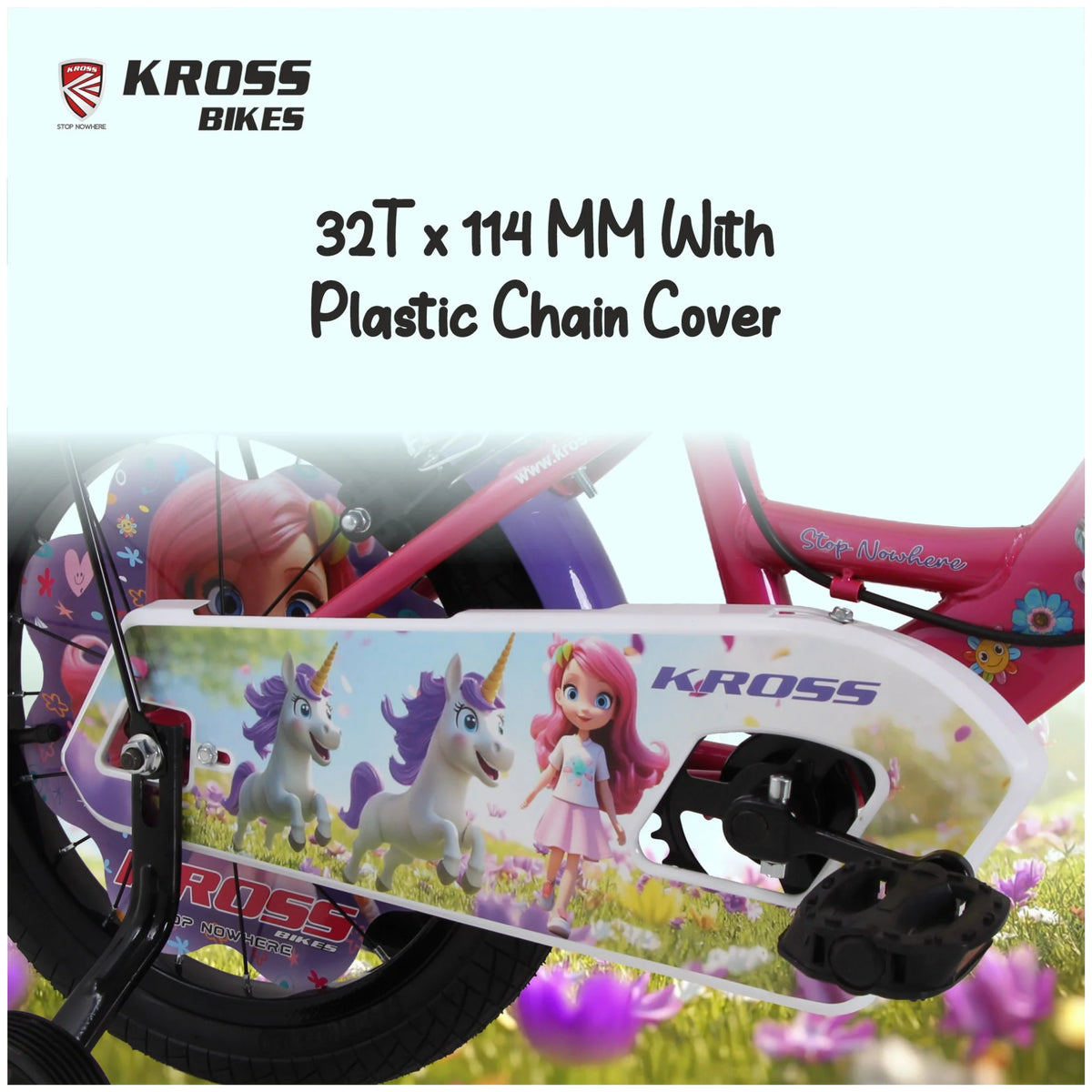 Kross Megan 20T Pink Purple kids bicycle showing 32T chainwheel and plastic chain cover