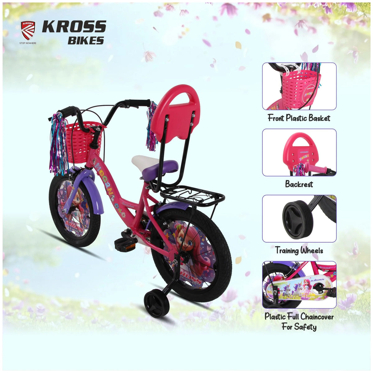 Kross Megan 20T Pink Purple kids cycle showing front basket, backrest and training wheels