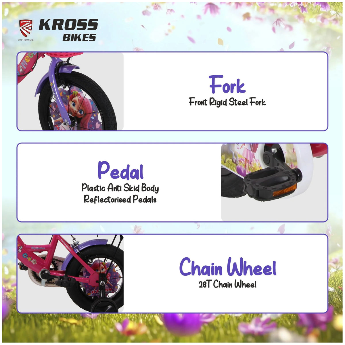 Kross Megan 20T kids bicycle showing rigid steel fork, anti-skid pedal and chainwheel details
