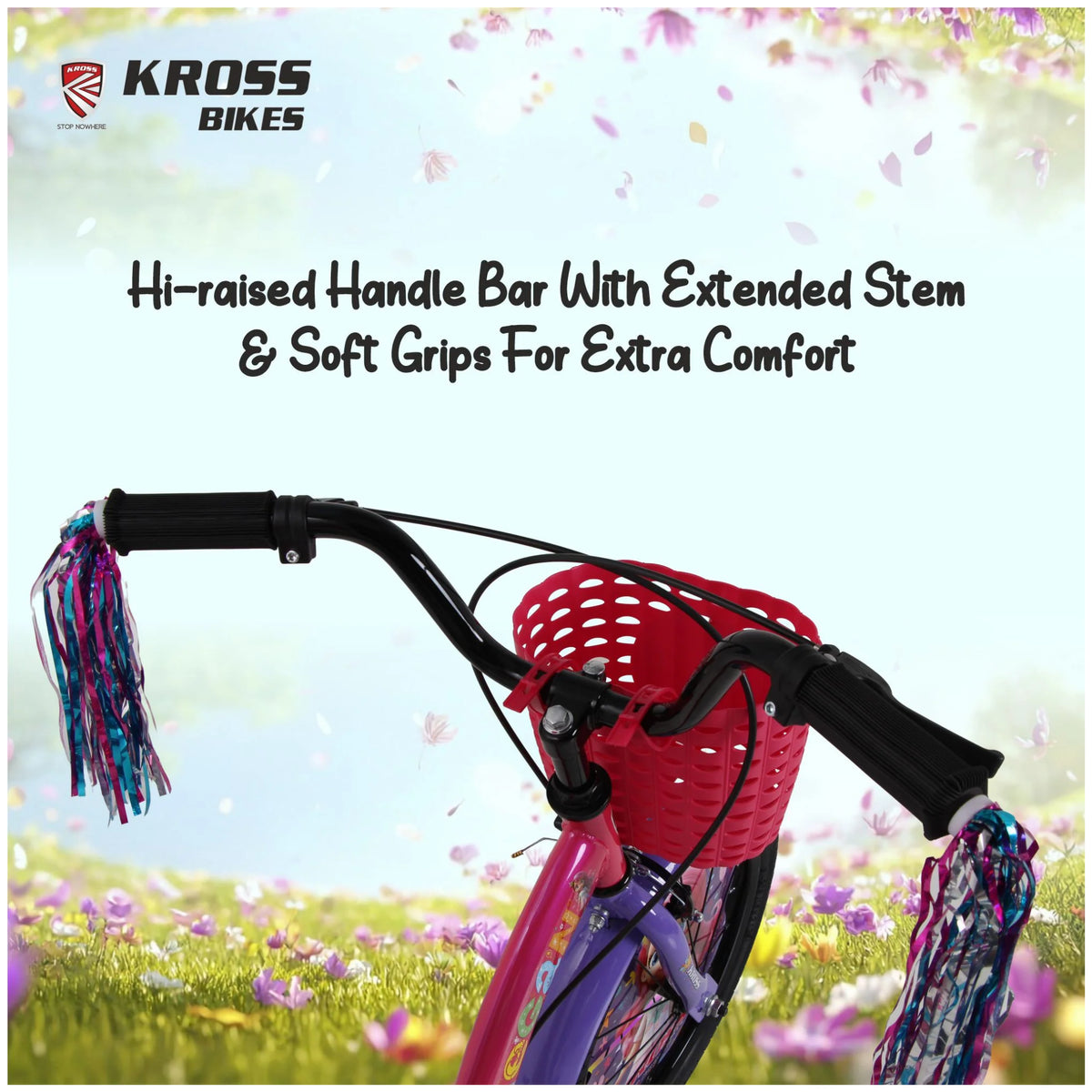 Kross Megan 20T Pink Purple kids bicycle with high-rise handlebar, extended stem and soft grips