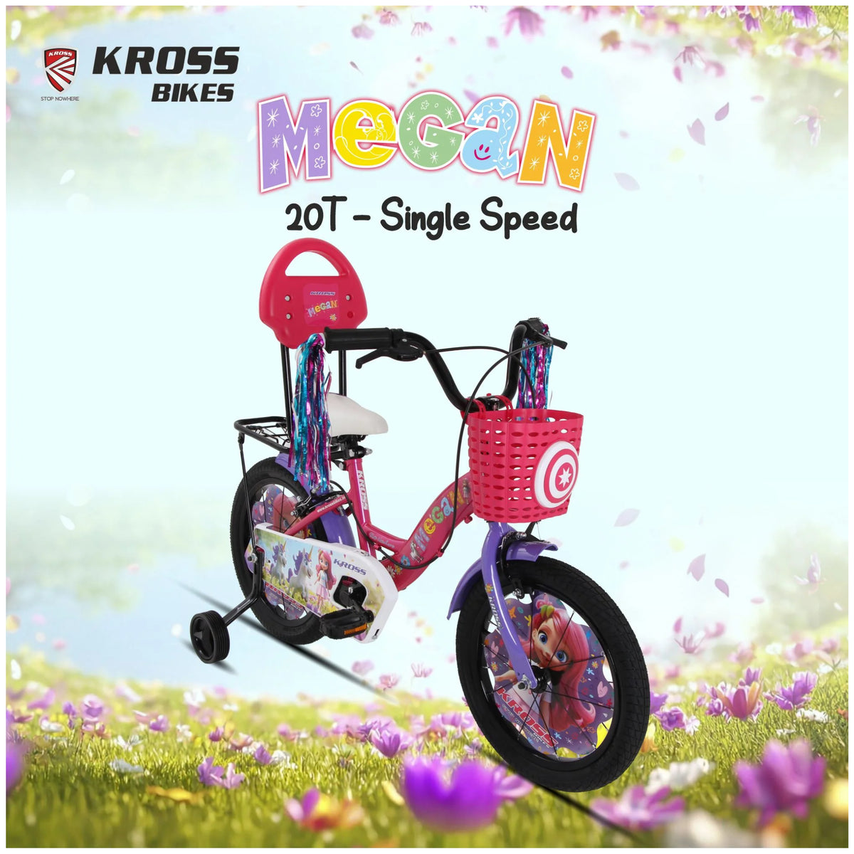 Kross Megan 20T Pink Purple single speed kids bicycle with basket, backrest and training wheels