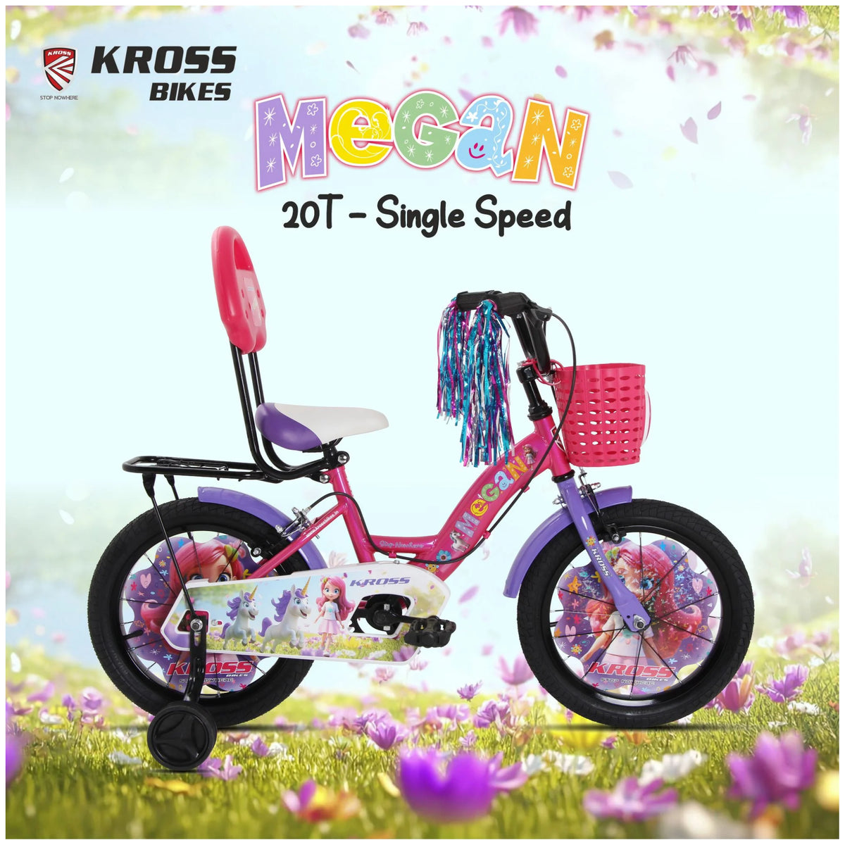 Kross Megan 20T Pink Purple single speed kids bicycle side view with basket and training wheels