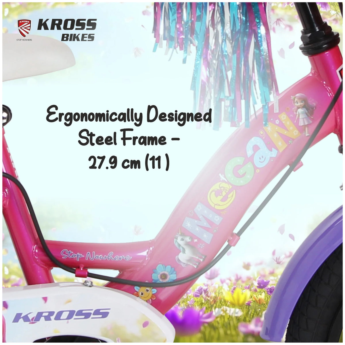 Kross Megan 20T Pink Purple kids bicycle showing 27.9 cm 11 inch steel frame