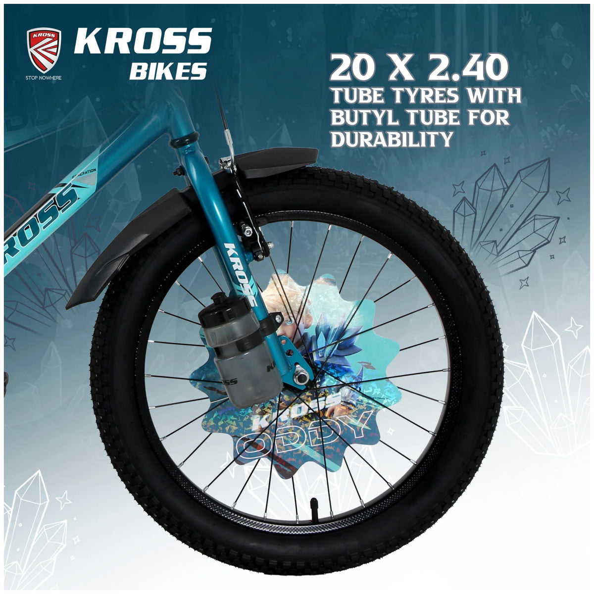 Kross Oddy 20T Aqua Blue-Green kids bicycle with 20 x 2.40 tyres and butyl tubes