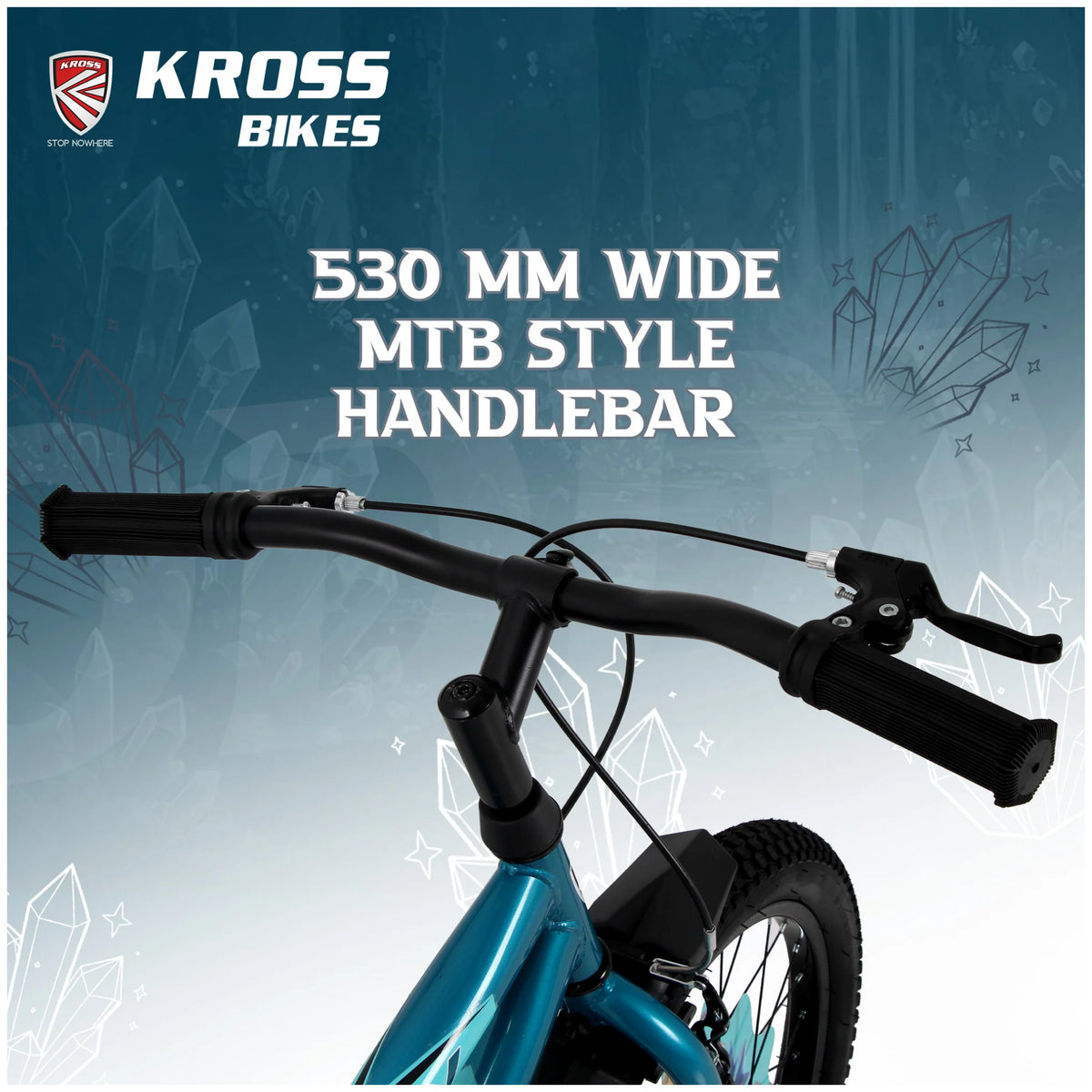 Kross Oddy 20T Aqua Blue-Green kids bicycle with 530 mm wide MTB style handlebar