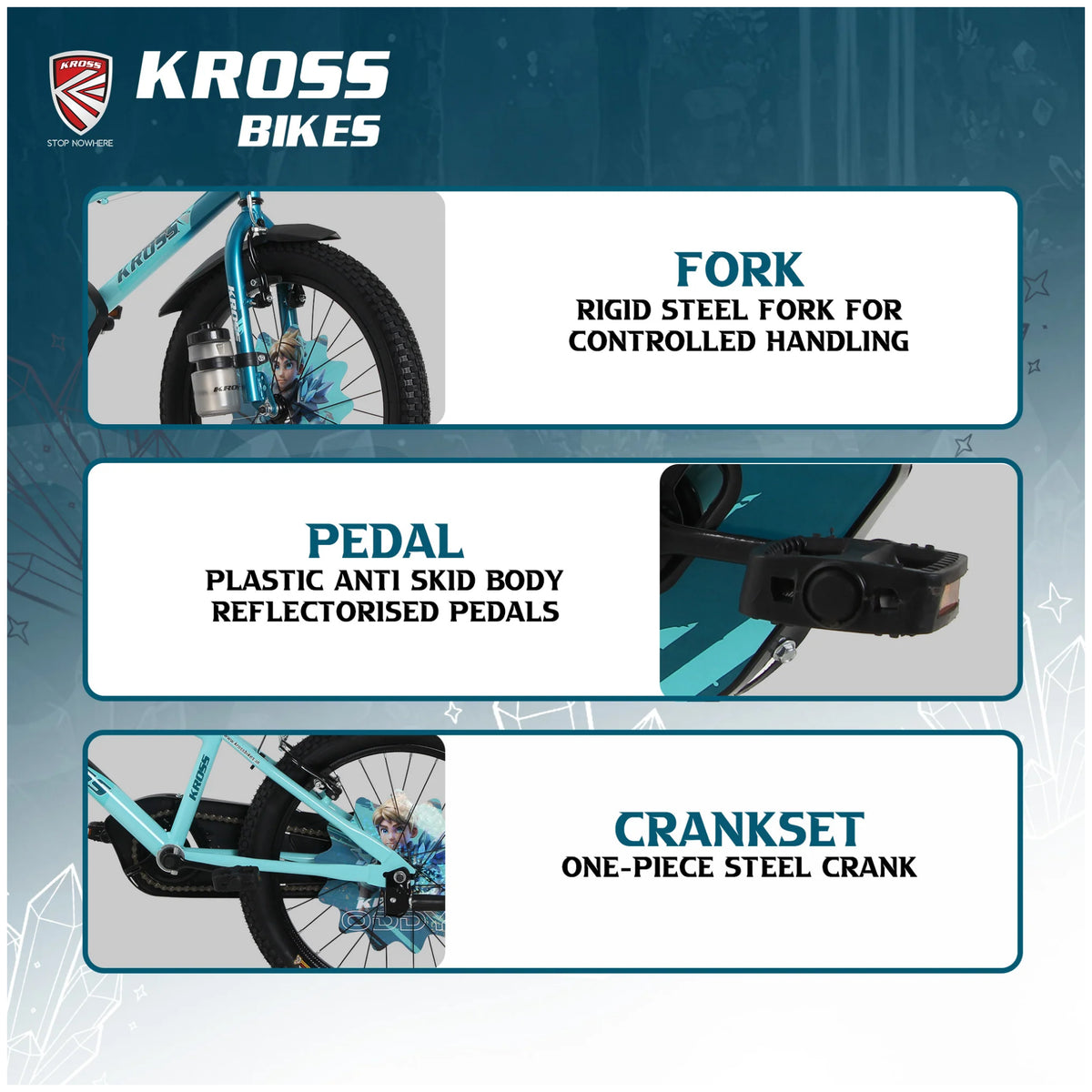 Kross Oddy 20T Aqua Blue-Green kids bicycle showing rigid steel fork, pedal and crankset