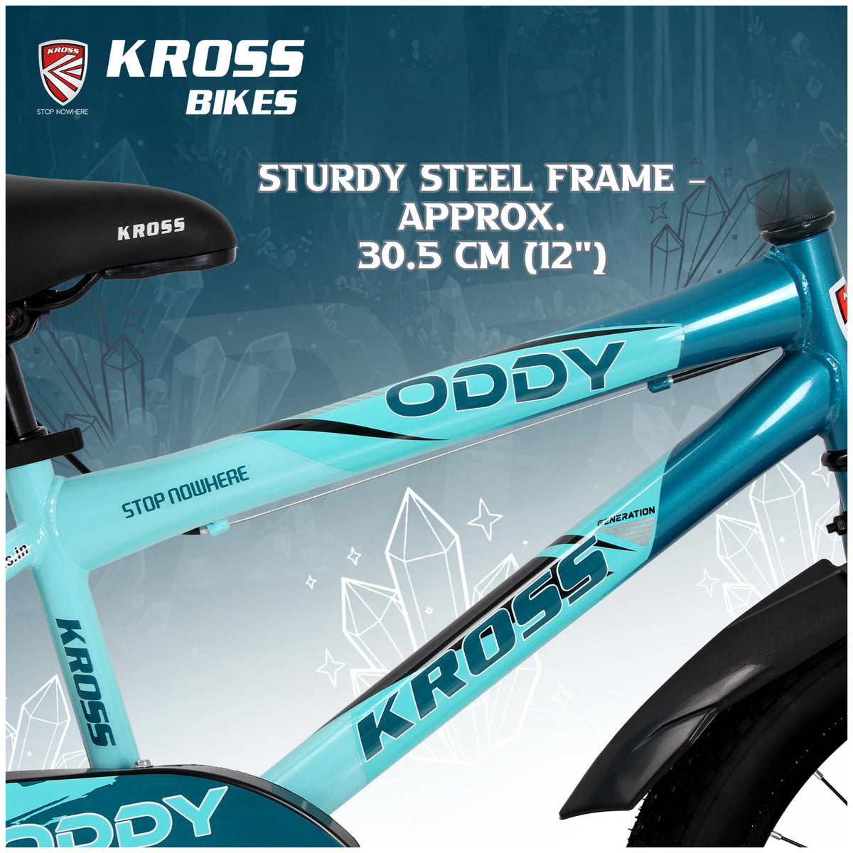 Kross Oddy 20T Aqua Blue-Green kids bicycle showing 30.5 cm 12 inch steel frame