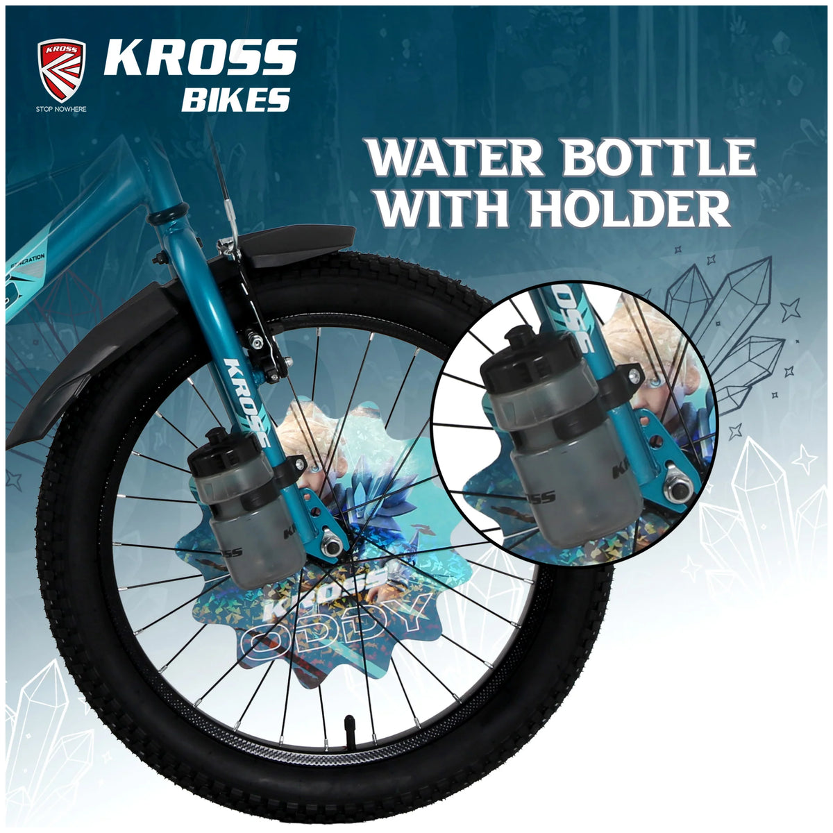 Kross Oddy 20T Aqua Blue-Green kids bicycle with water bottle and holder