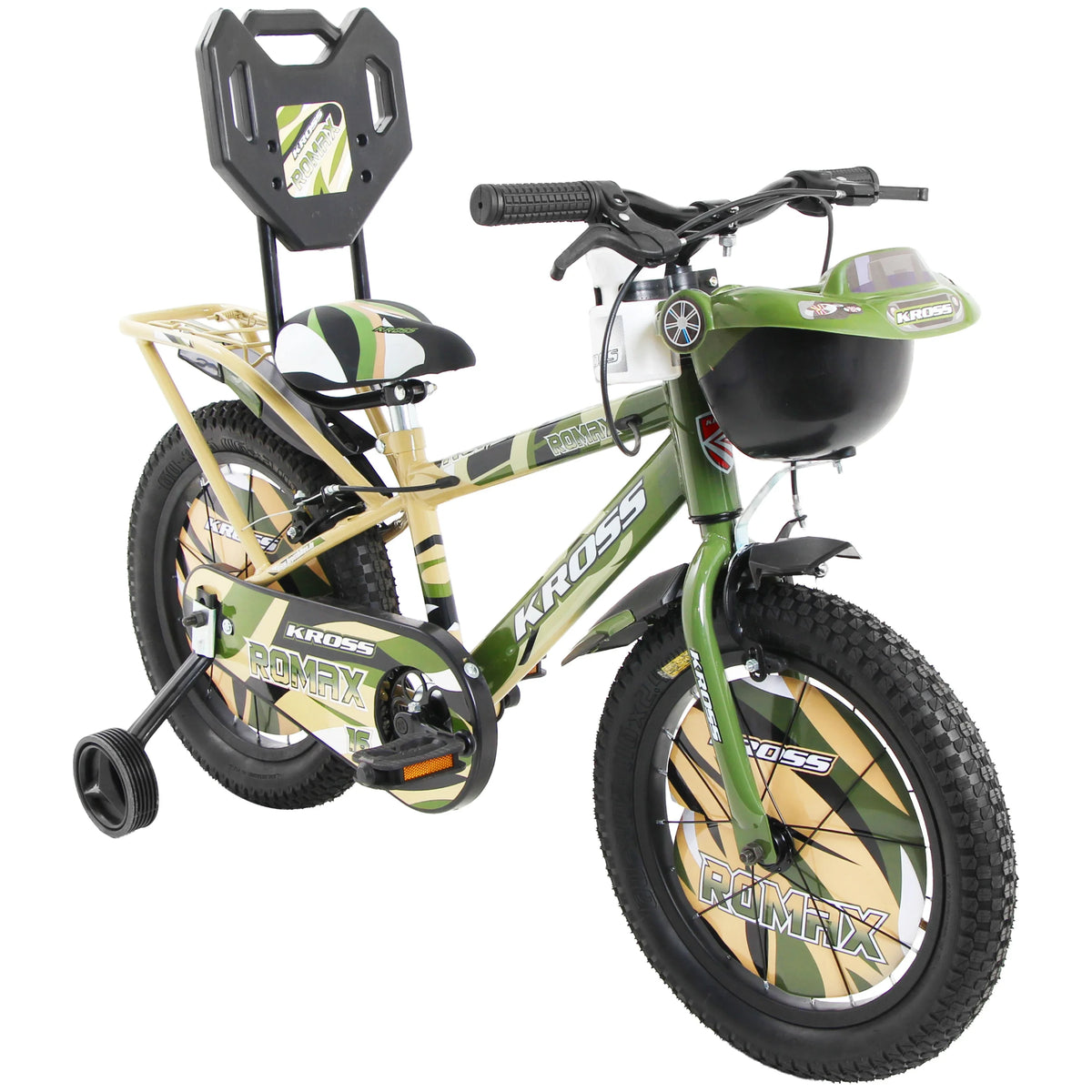 Kross Romax 20T green and black kids bicycle with rear carrier and front basket